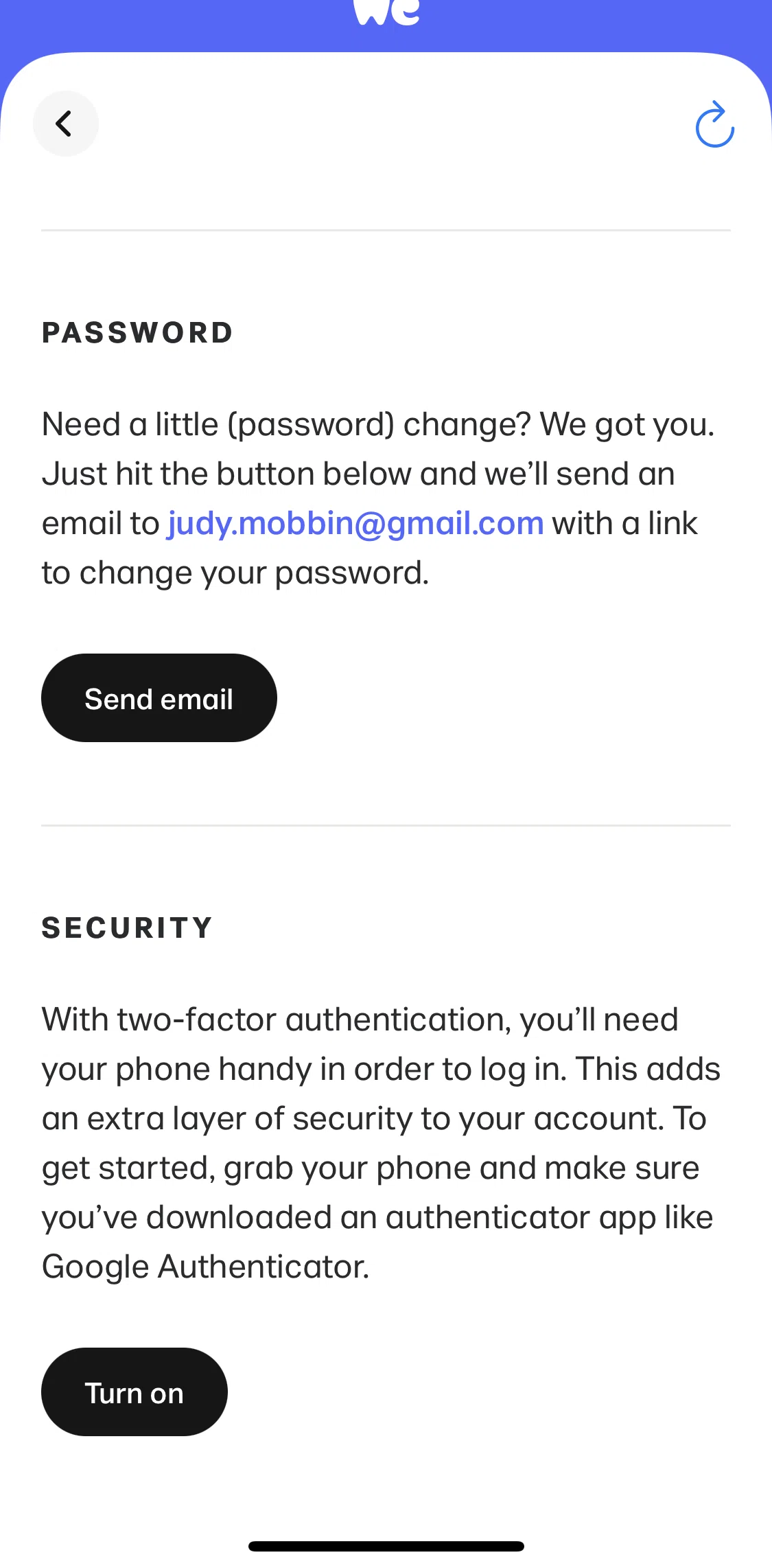 WeTransfer Screen screen in the Resetting password flow