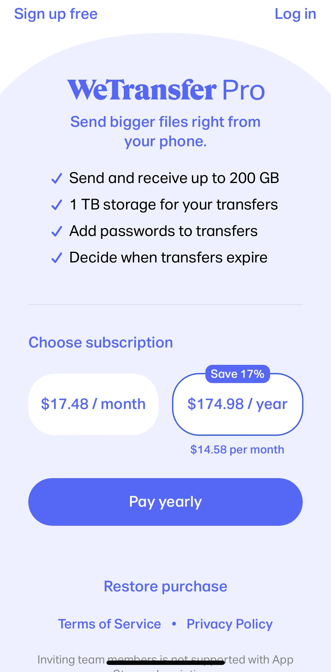 WeTransfer Screen screen in the Terms of service flow