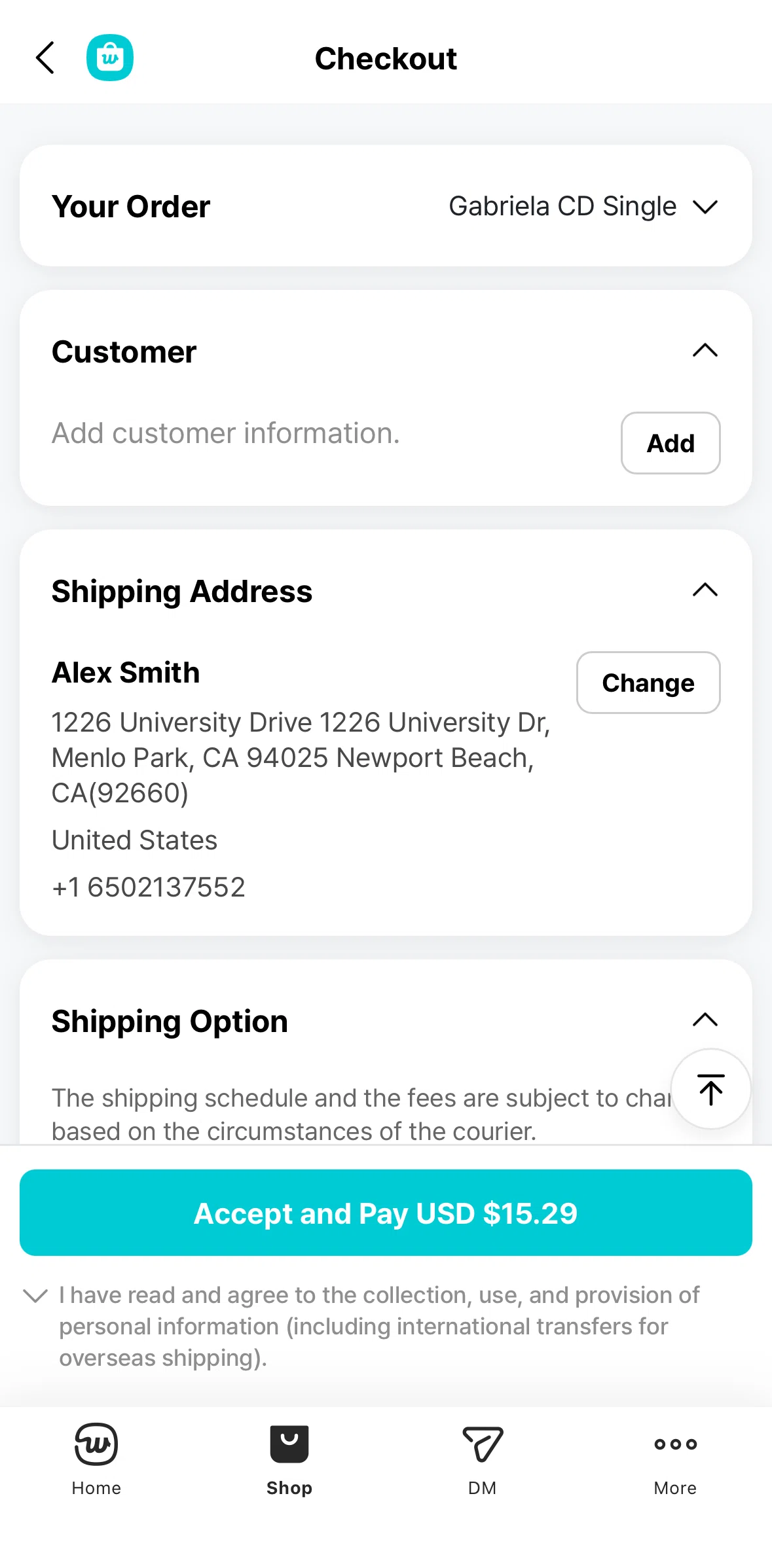 Weverse Screen screen in the Adding a customer information flow