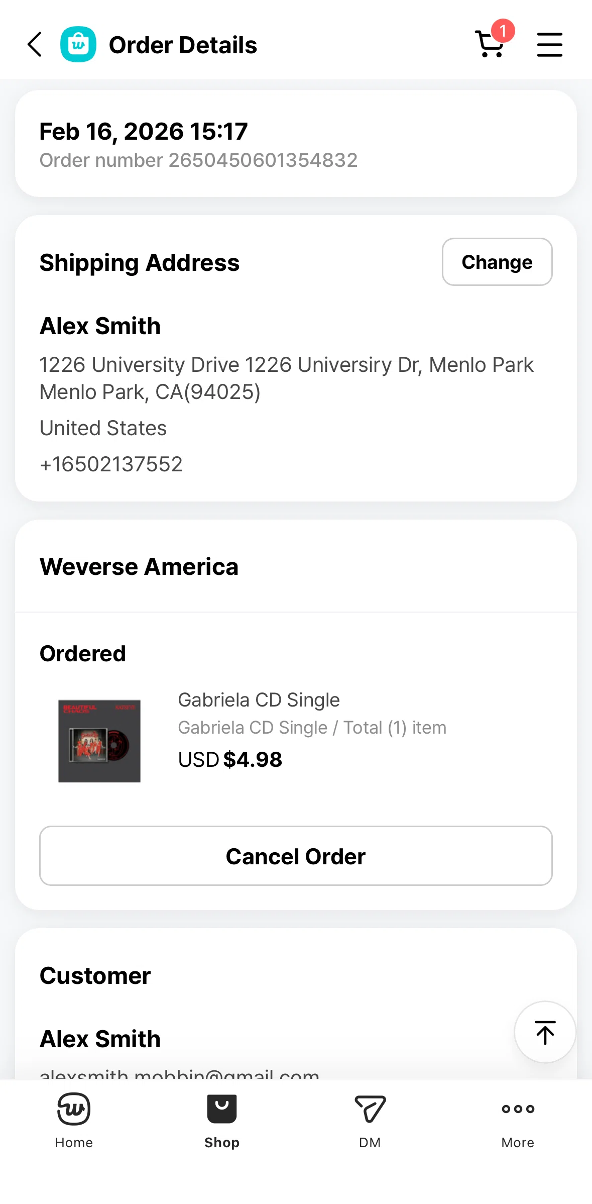 Weverse Screen screen in the Canceling an order flow