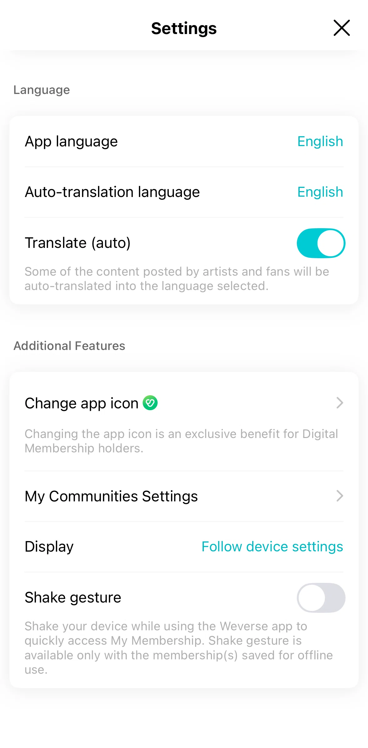 Weverse Screen screen in the Changing app icon flow
