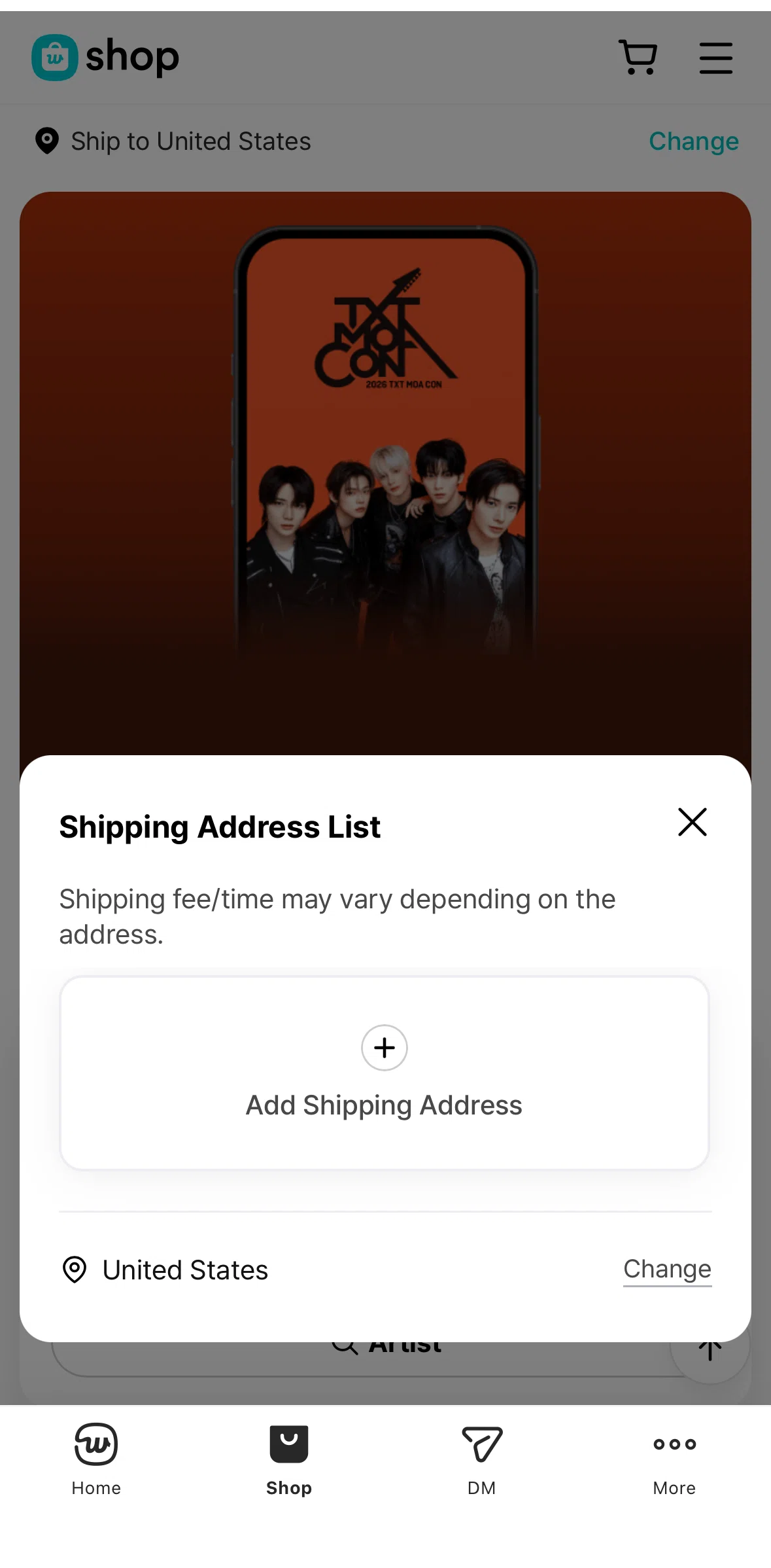Weverse Screen screen in the Changing country or region flow