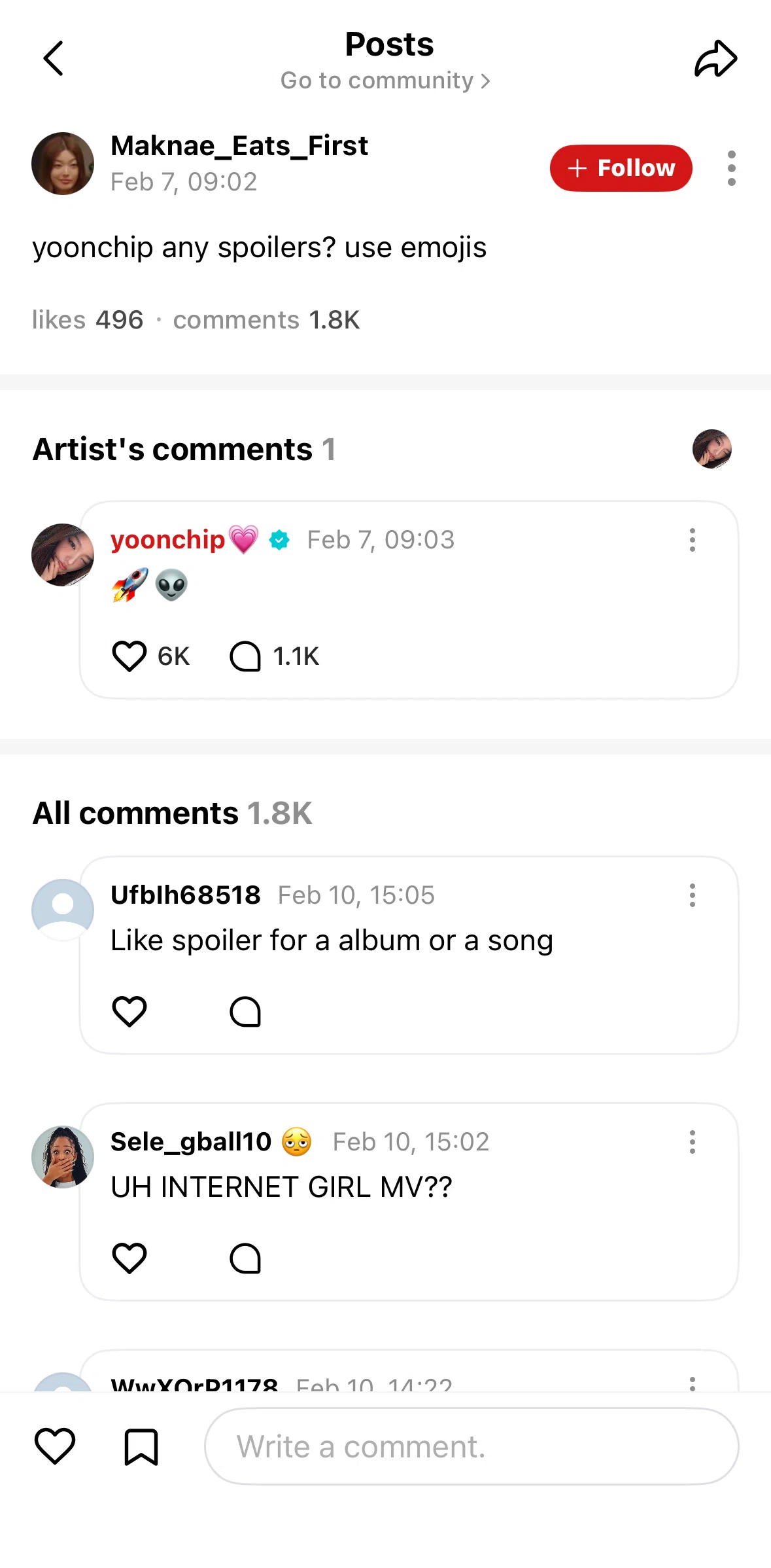 Weverse Screen screen in the Commenting on a post flow
