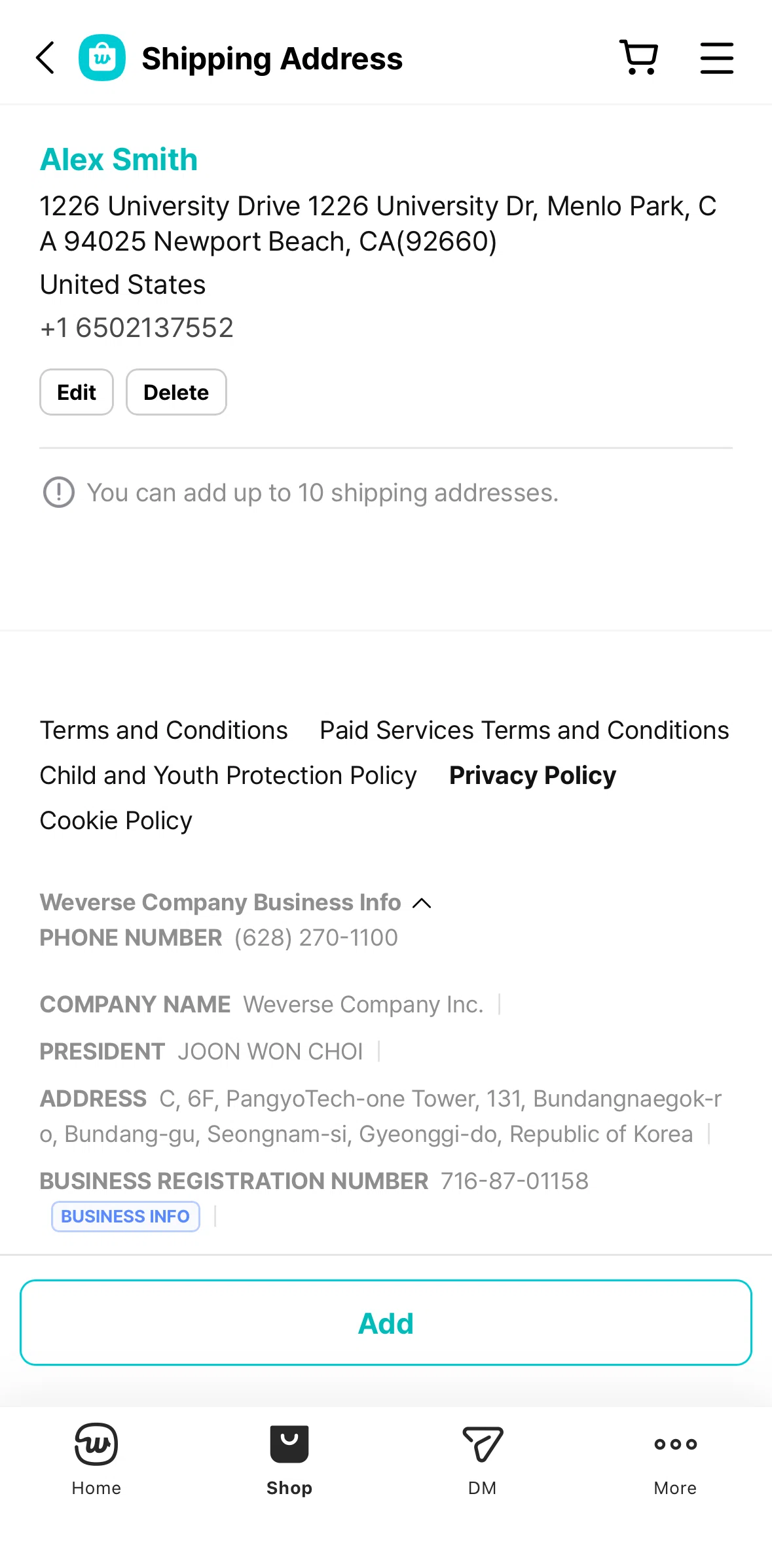 Weverse Screen screen in the Deleting a shipping address flow