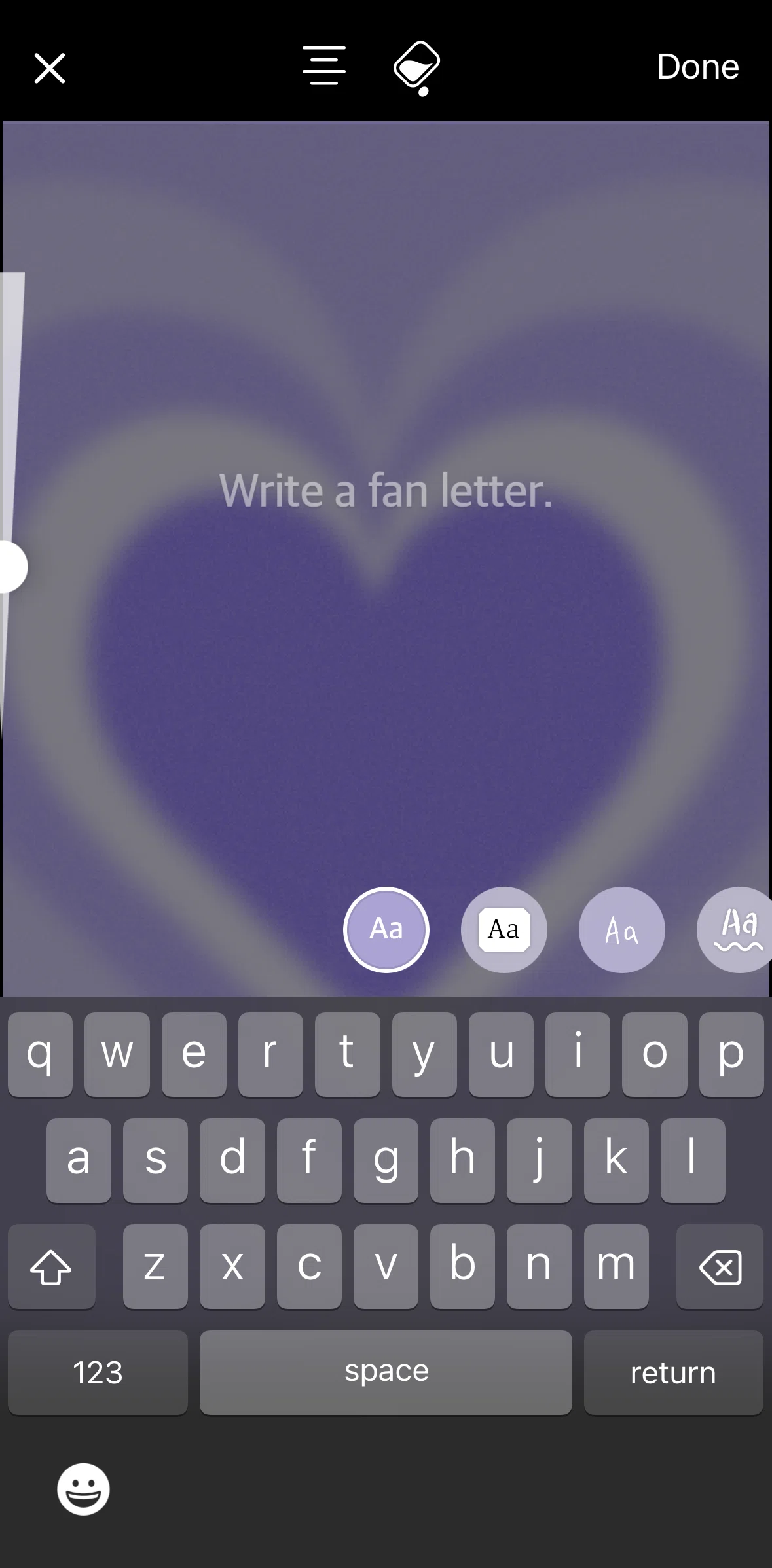 Weverse Screen screen in the Editing text flow