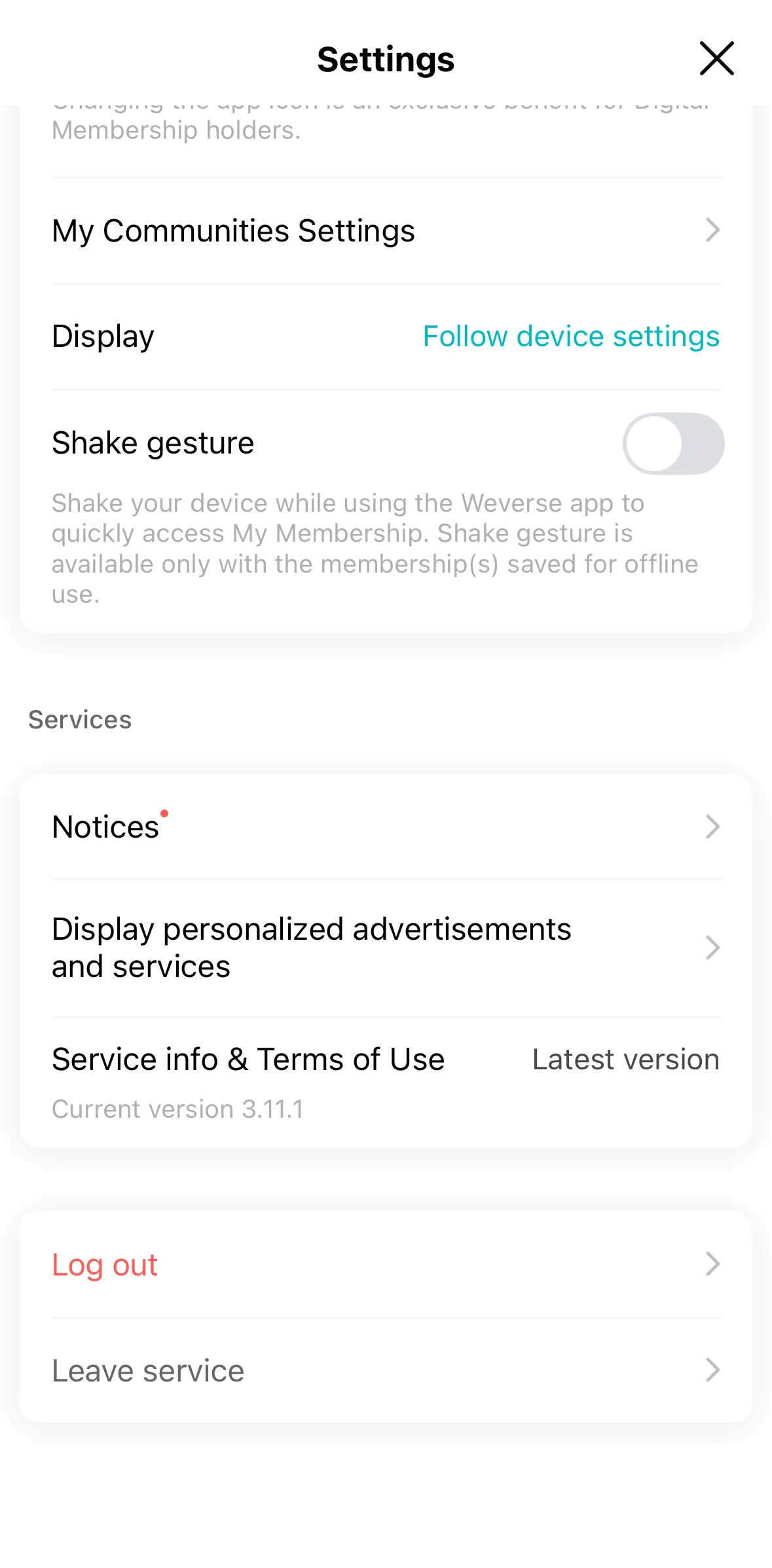 Weverse Screen screen in the Notices flow