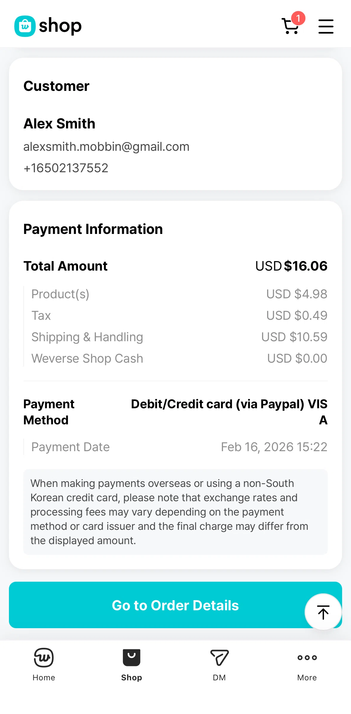 Weverse Screen screen in the Order detail flow