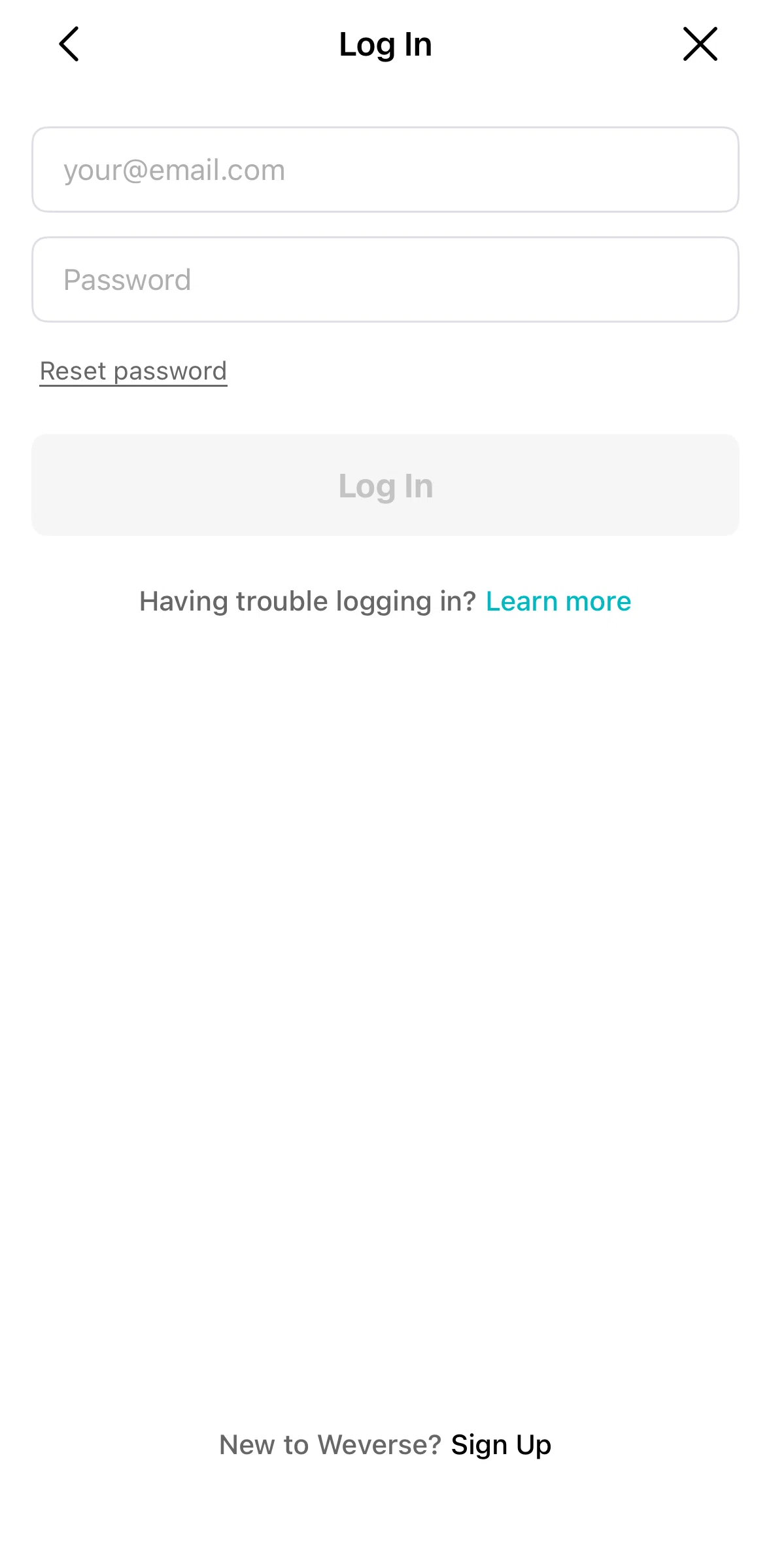 Weverse Screen screen in the Resetting password flow