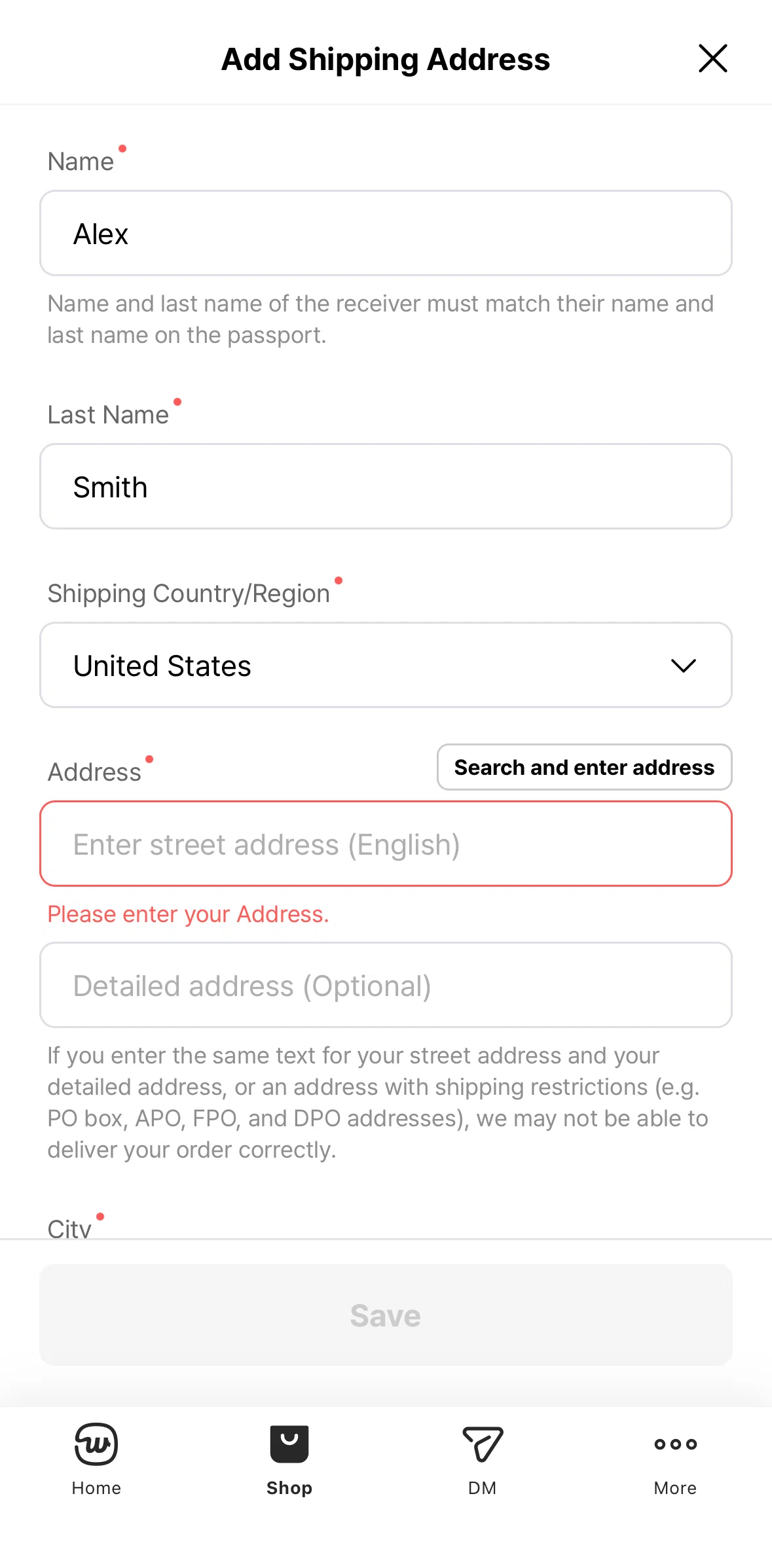 Weverse Screen screen in the Searching an address flow