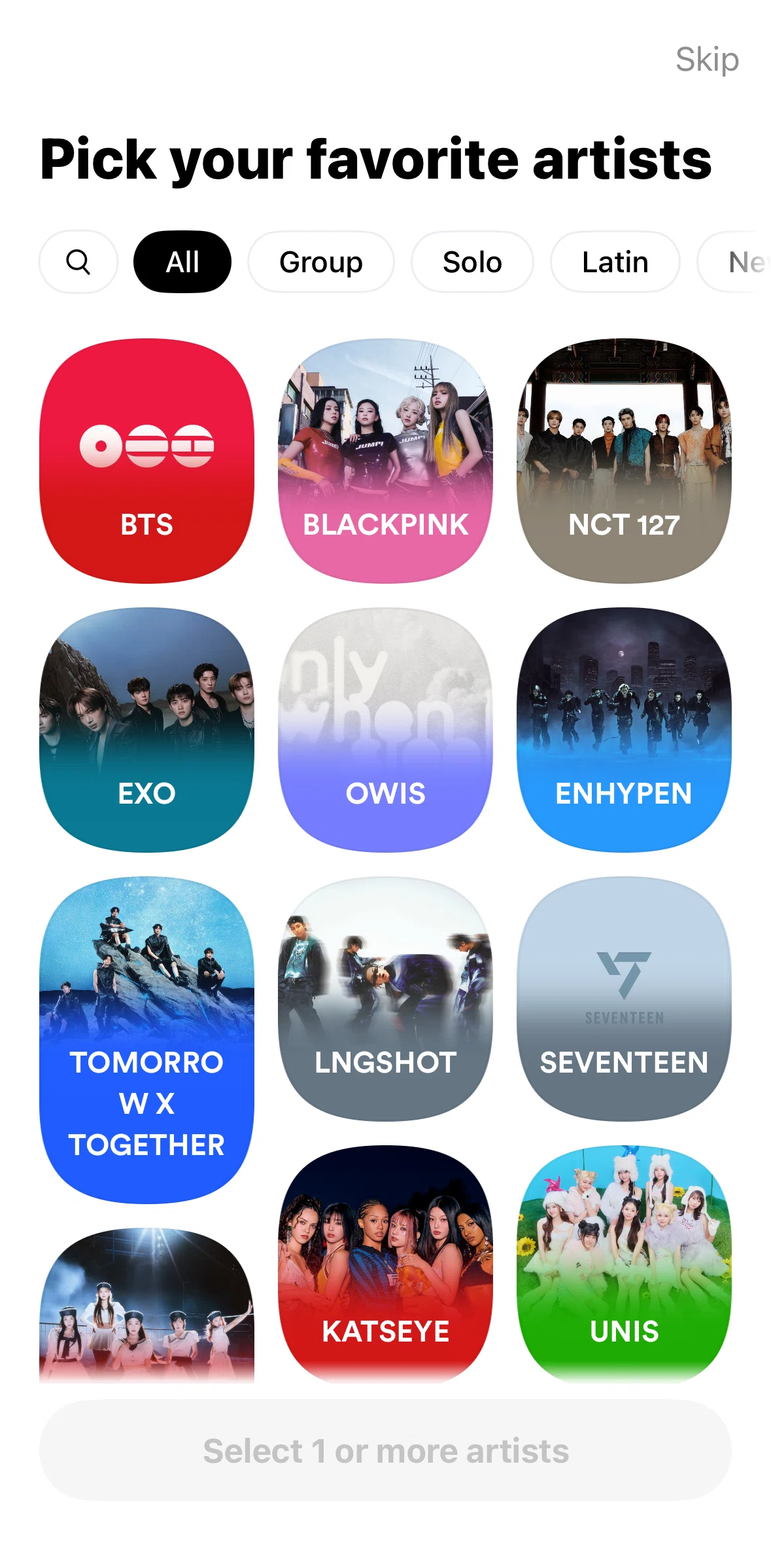 Weverse Screen screen in the Searching an artist flow