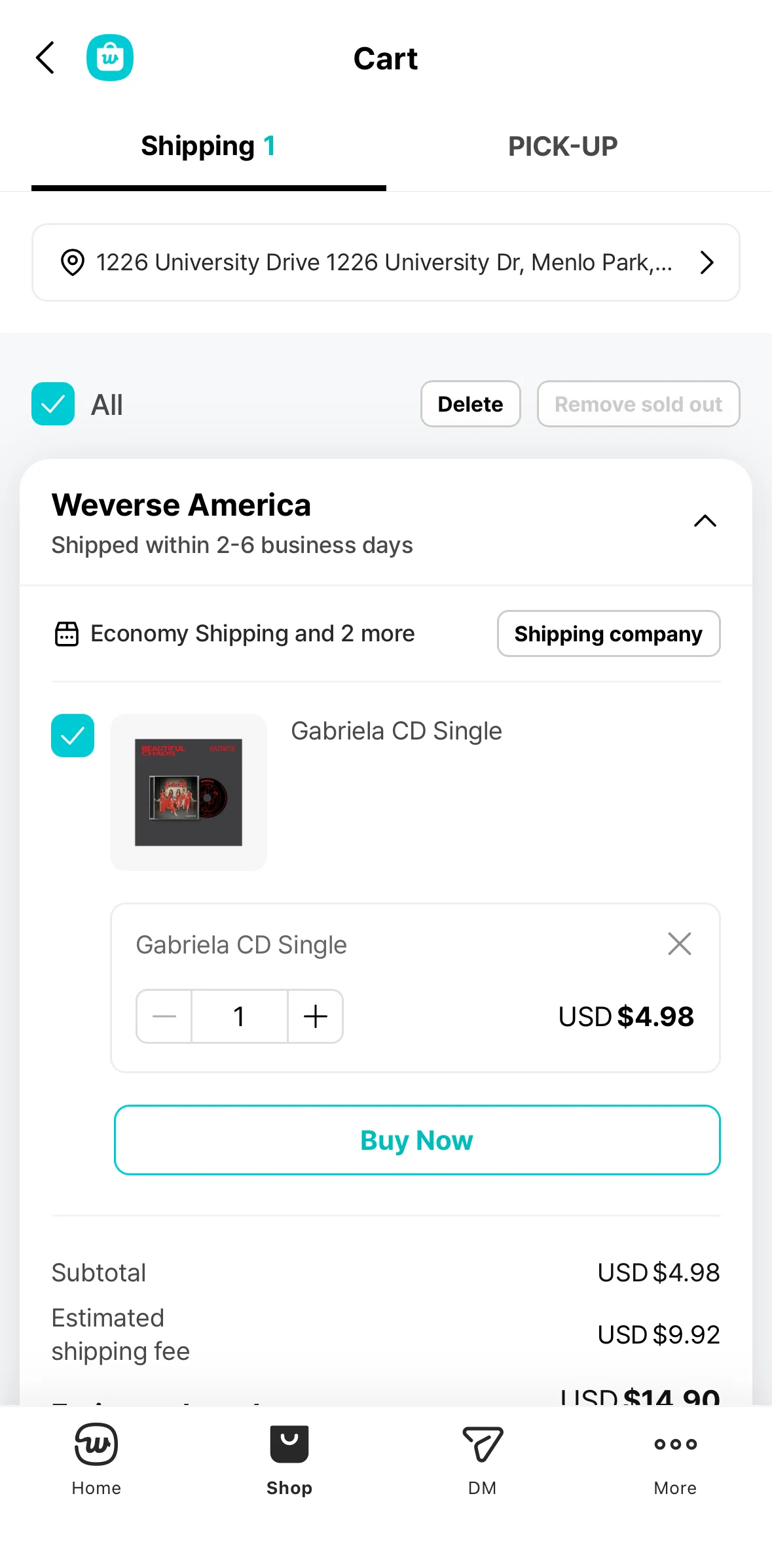 Weverse Screen screen in the Shipping company information flow