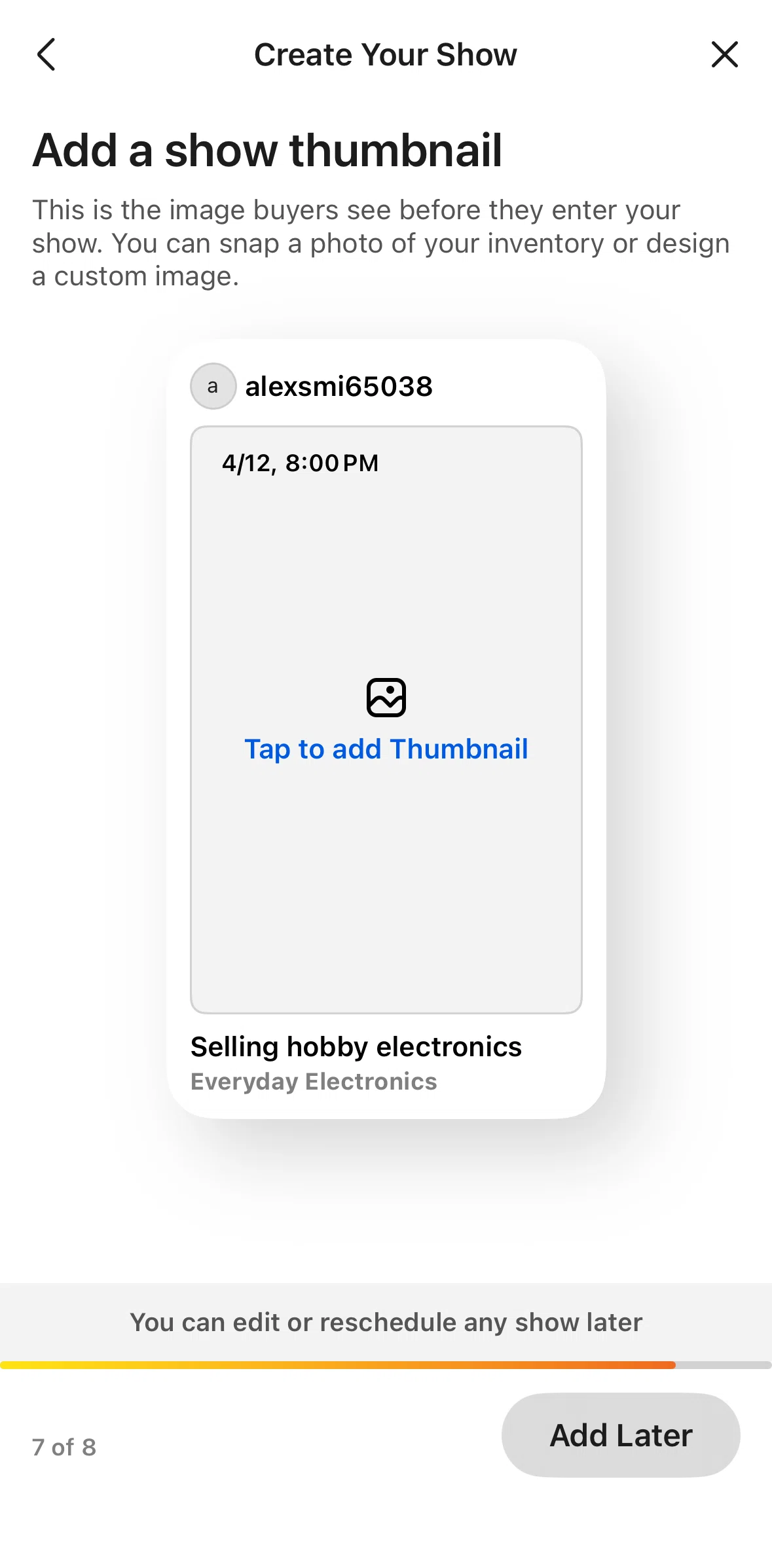 Whatnot Screen screen in the Adding a show thumbnail flow