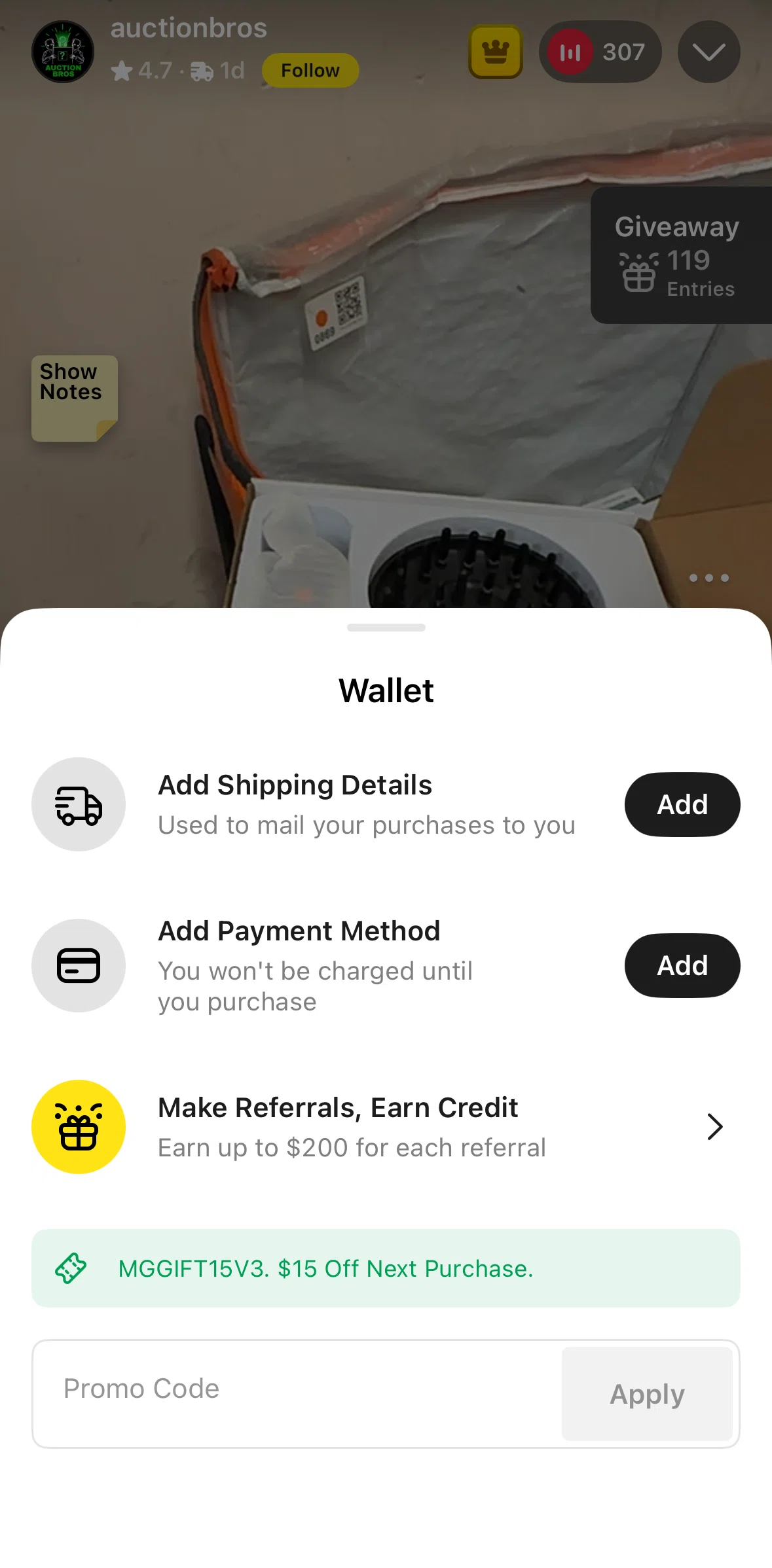 Whatnot Screen screen in the Adding shipping details flow