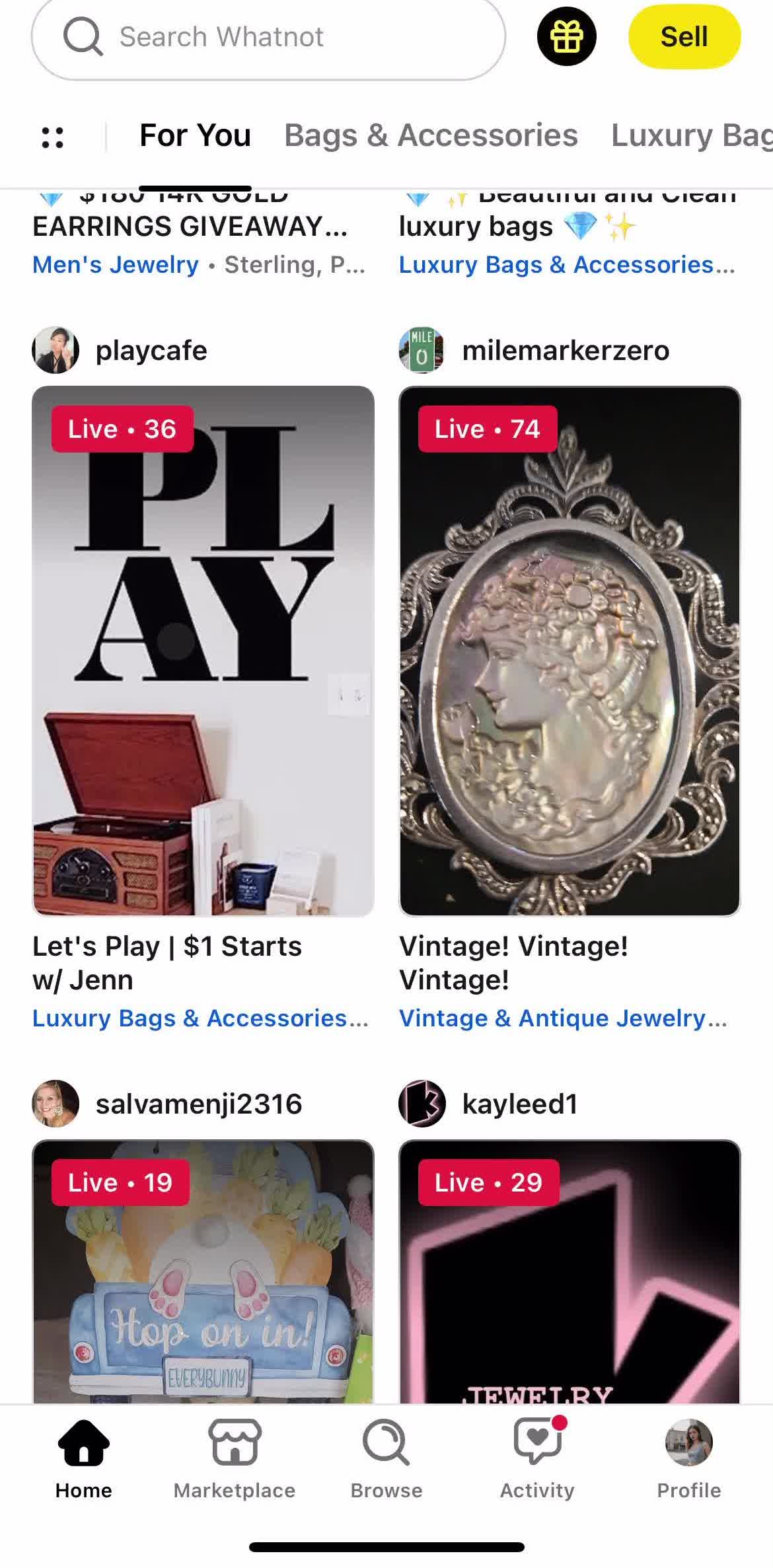 Whatnot Home screen in the Bidding flow