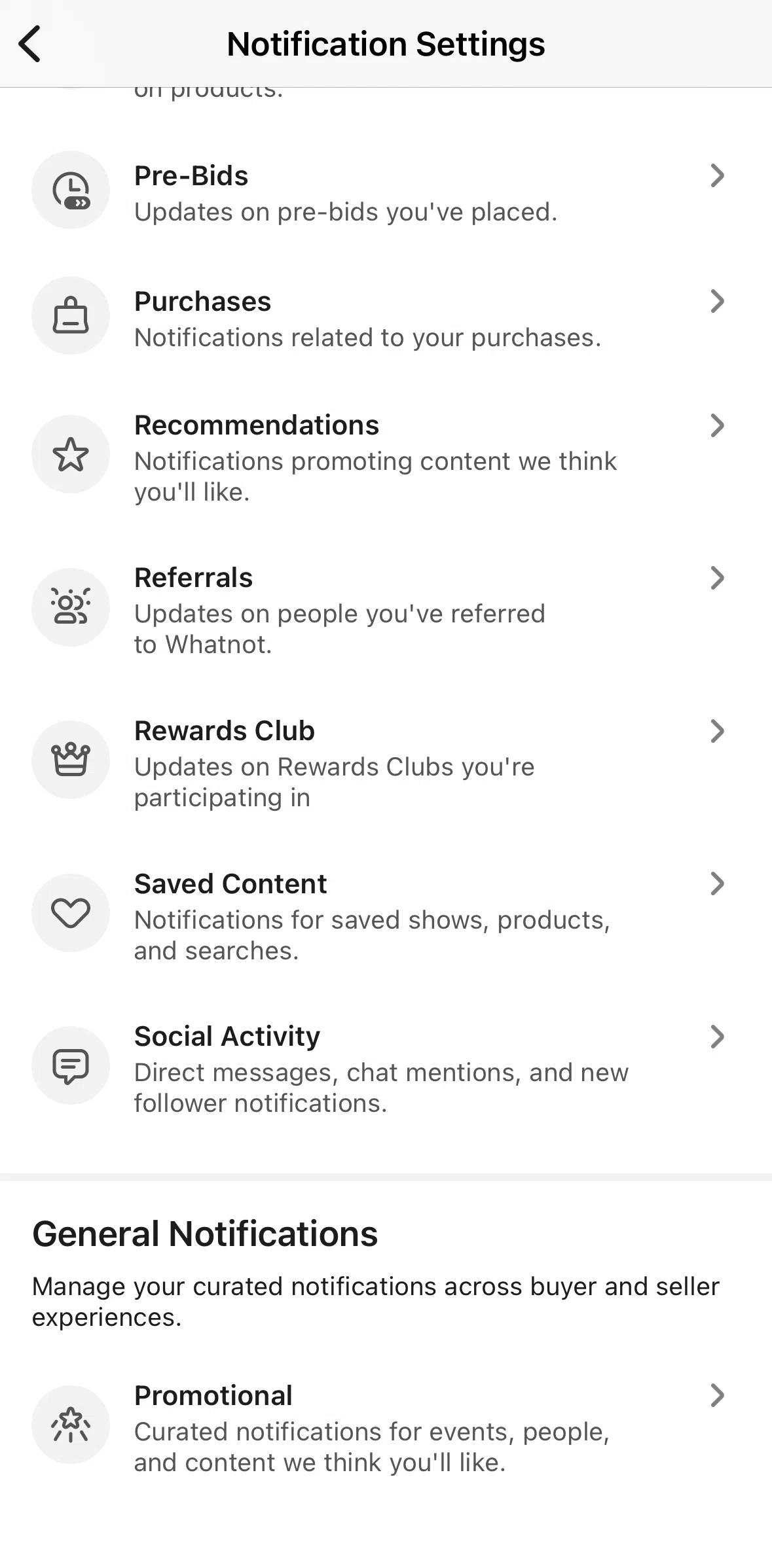 Whatnot Screen screen in the Changing notification settings flow