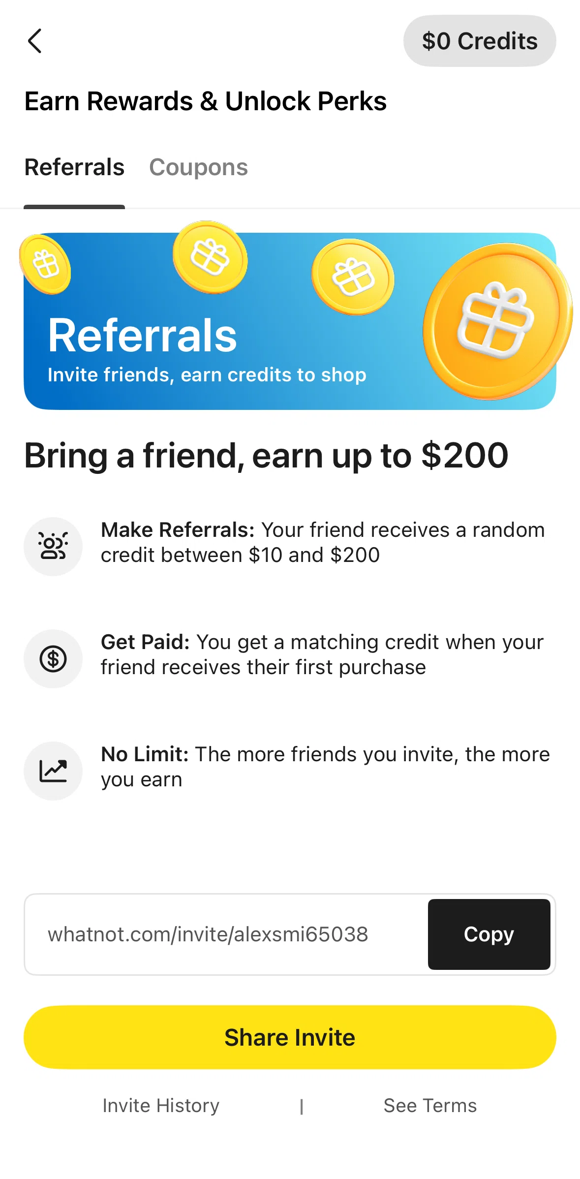 Whatnot Screen screen in the Copying referral code flow