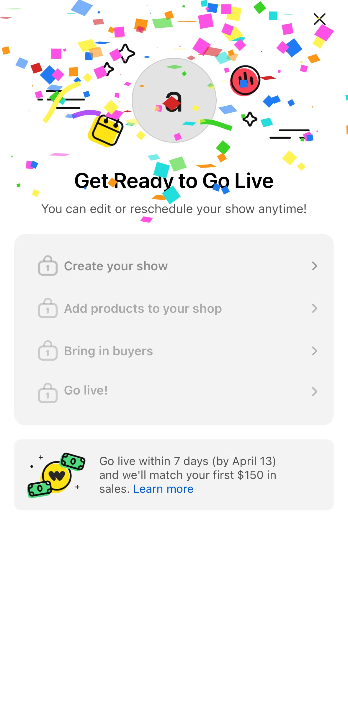 Whatnot Screen screen in the Creating a show flow