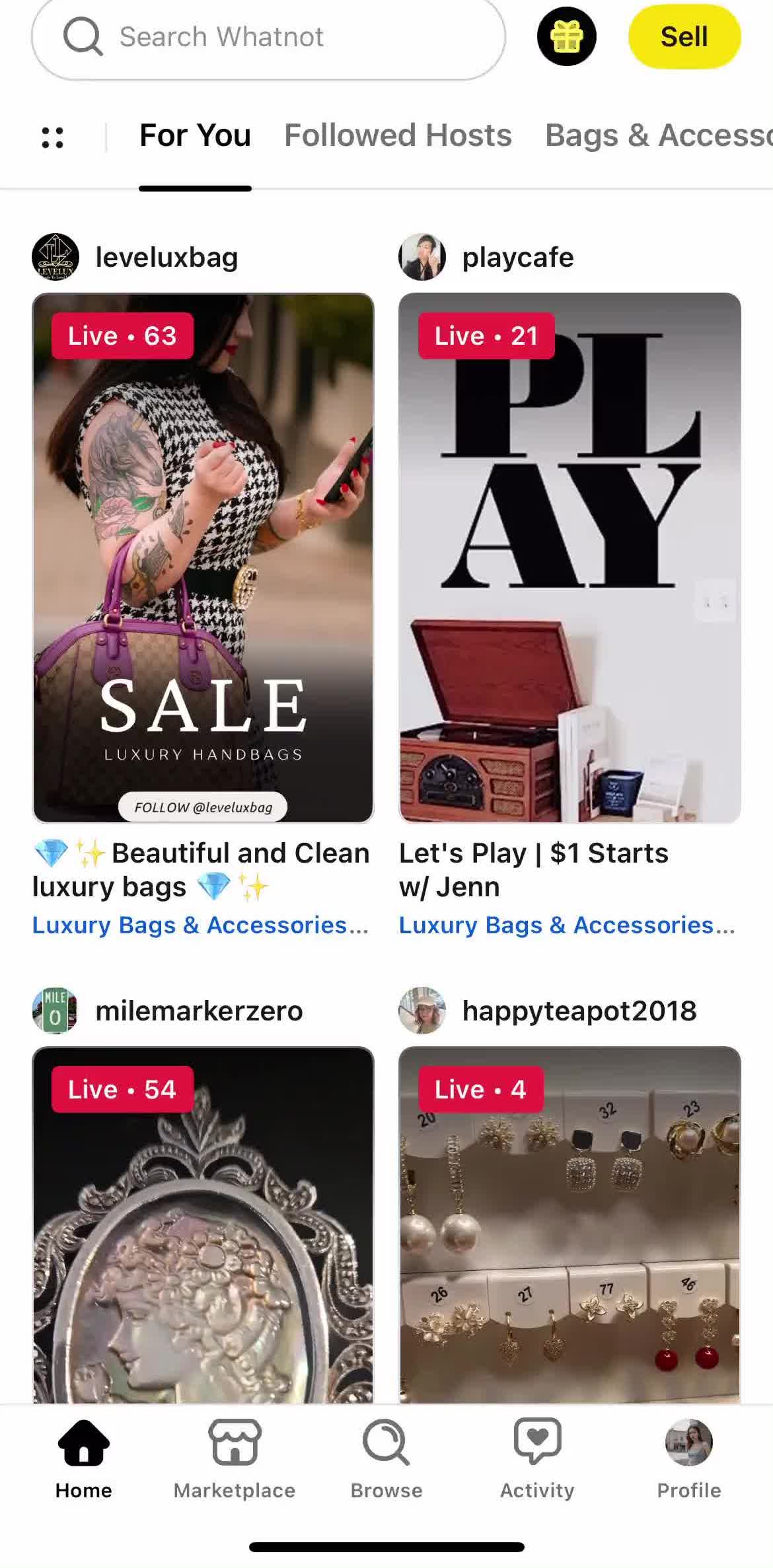 Whatnot Home screen in the General Browsing flow