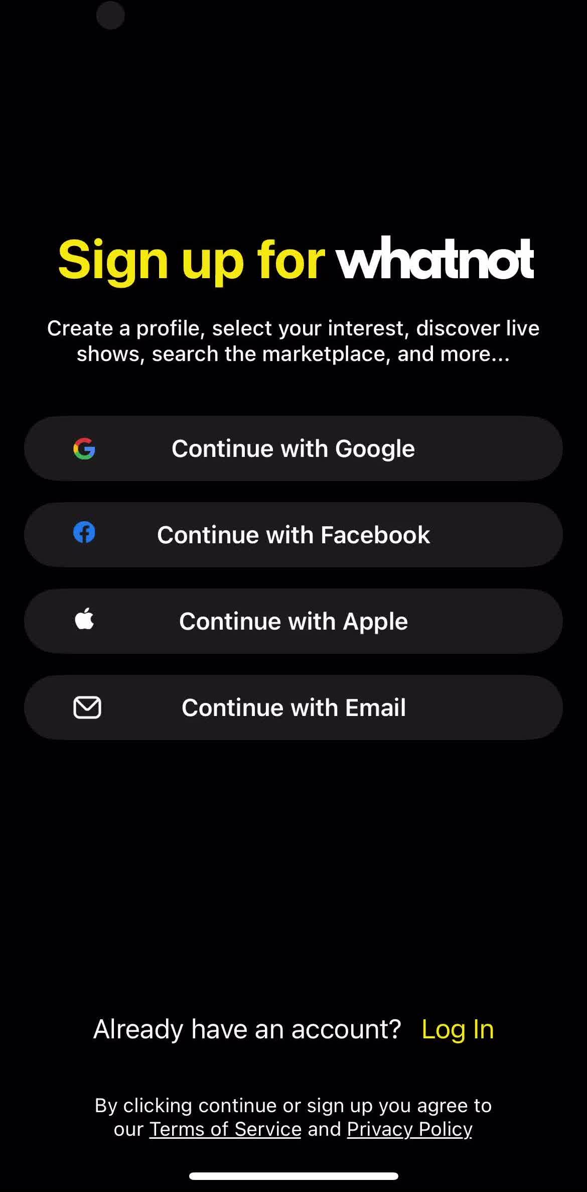 Whatnot Logging In preview