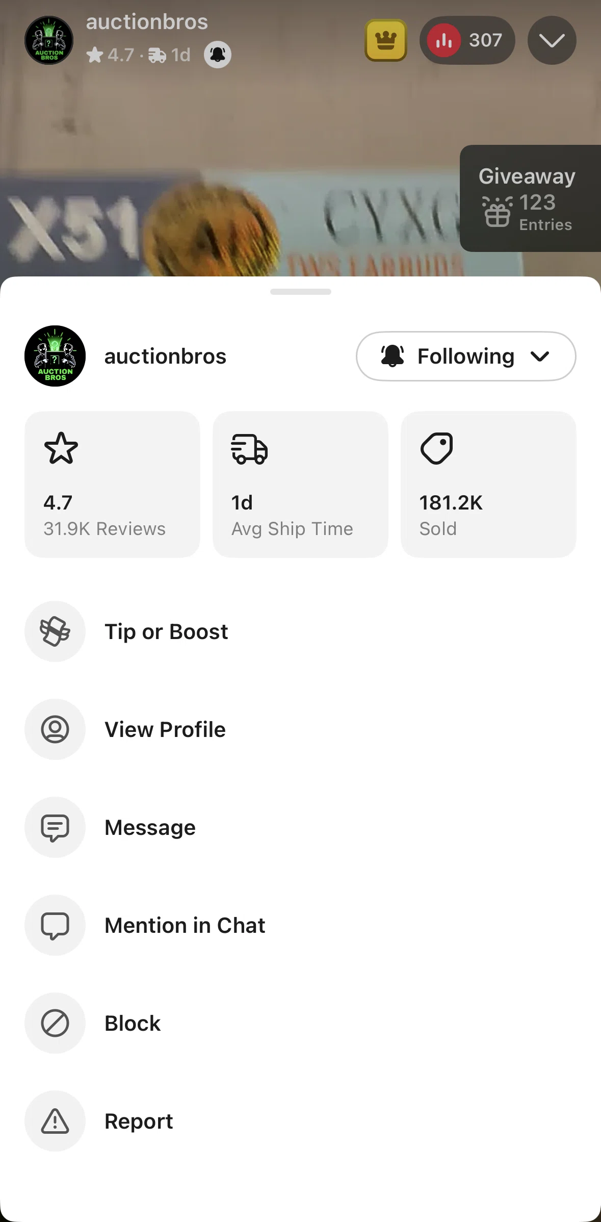 Whatnot Screen screen in the Mentioning in chat flow