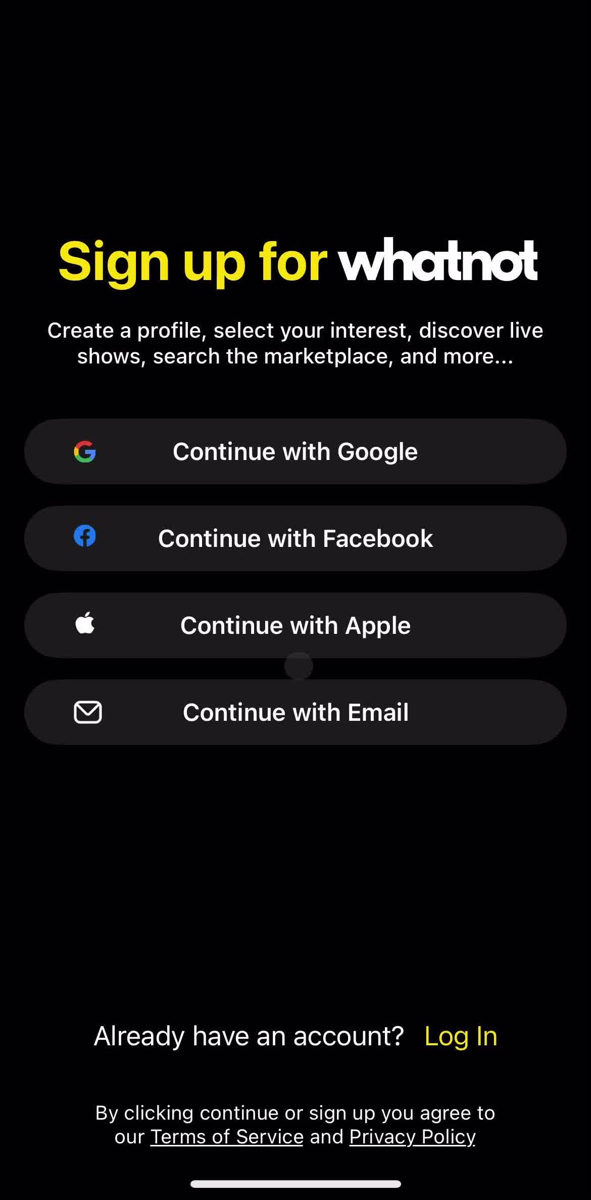 Whatnot Continue with email screen in the Onboarding flow