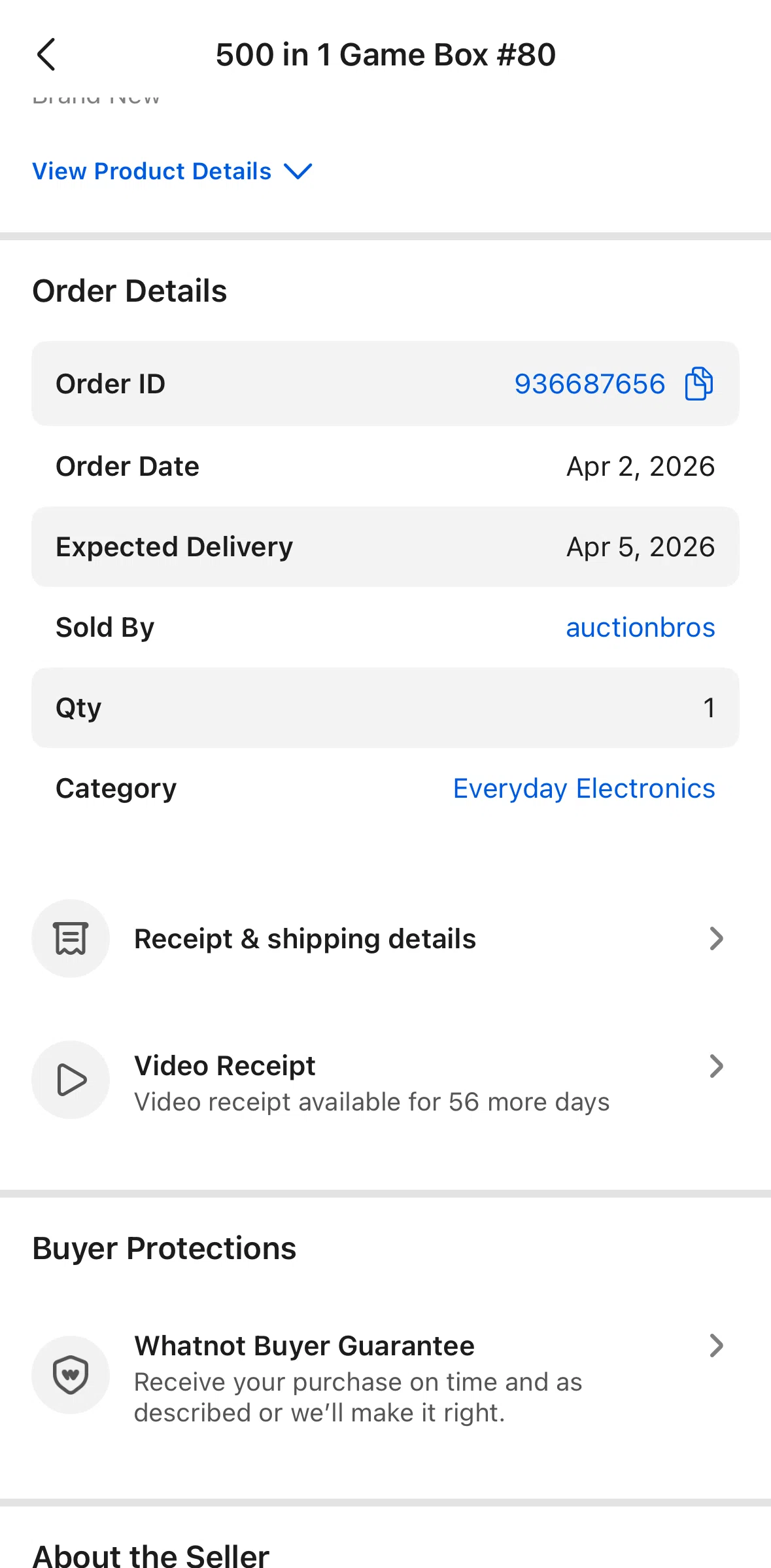 Whatnot Screen screen in the Order receipt flow