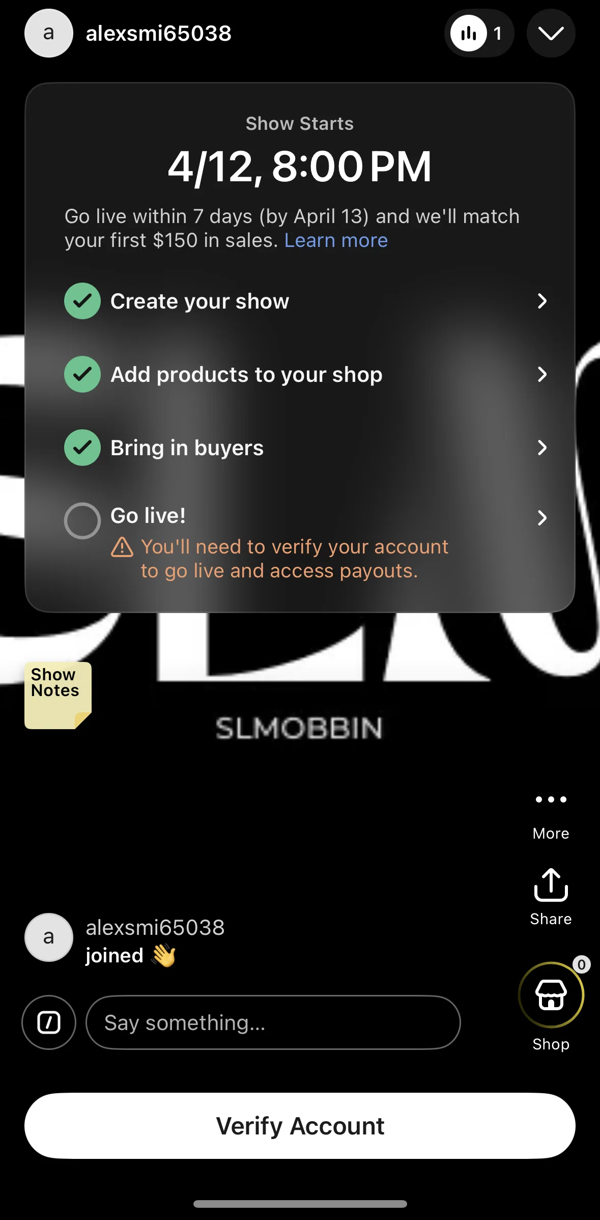 Whatnot Screen screen in the Seller Hub flow
