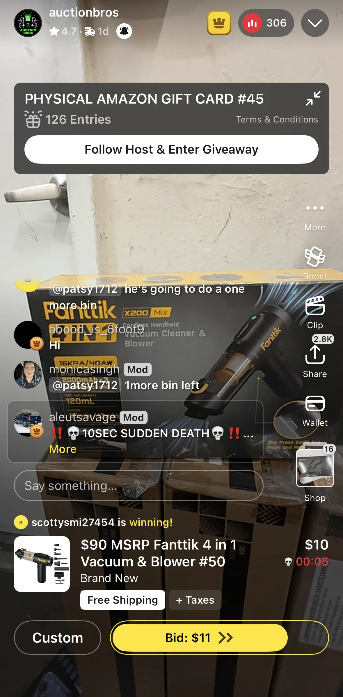 Whatnot Screen screen in the Sending a boost flow