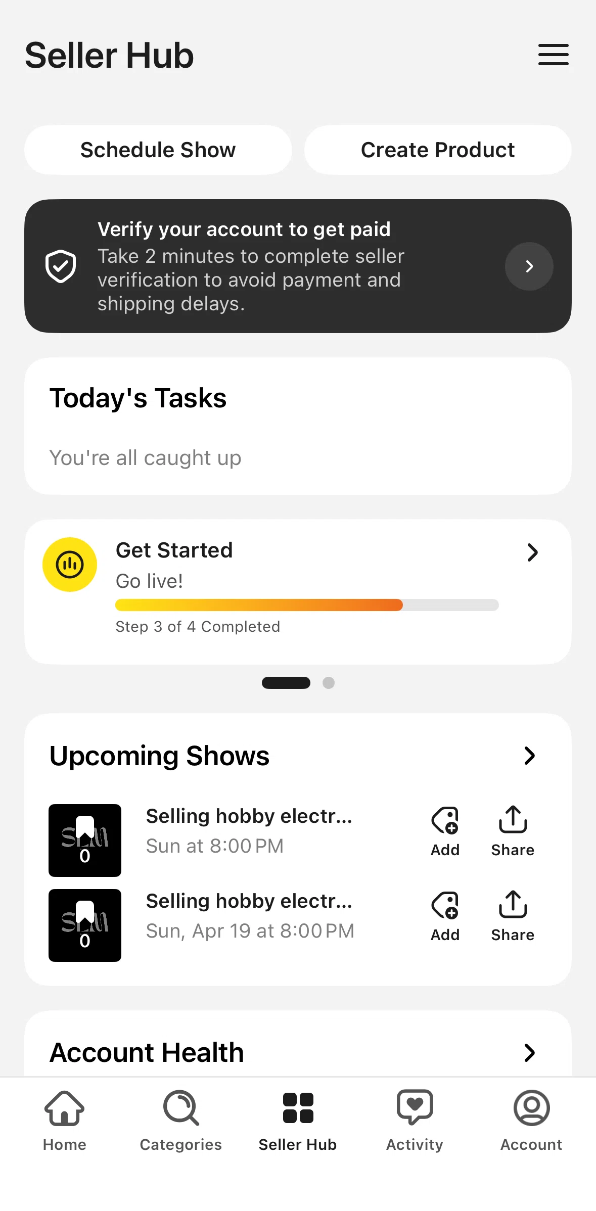 Whatnot Screen screen in the Upcoming shows flow