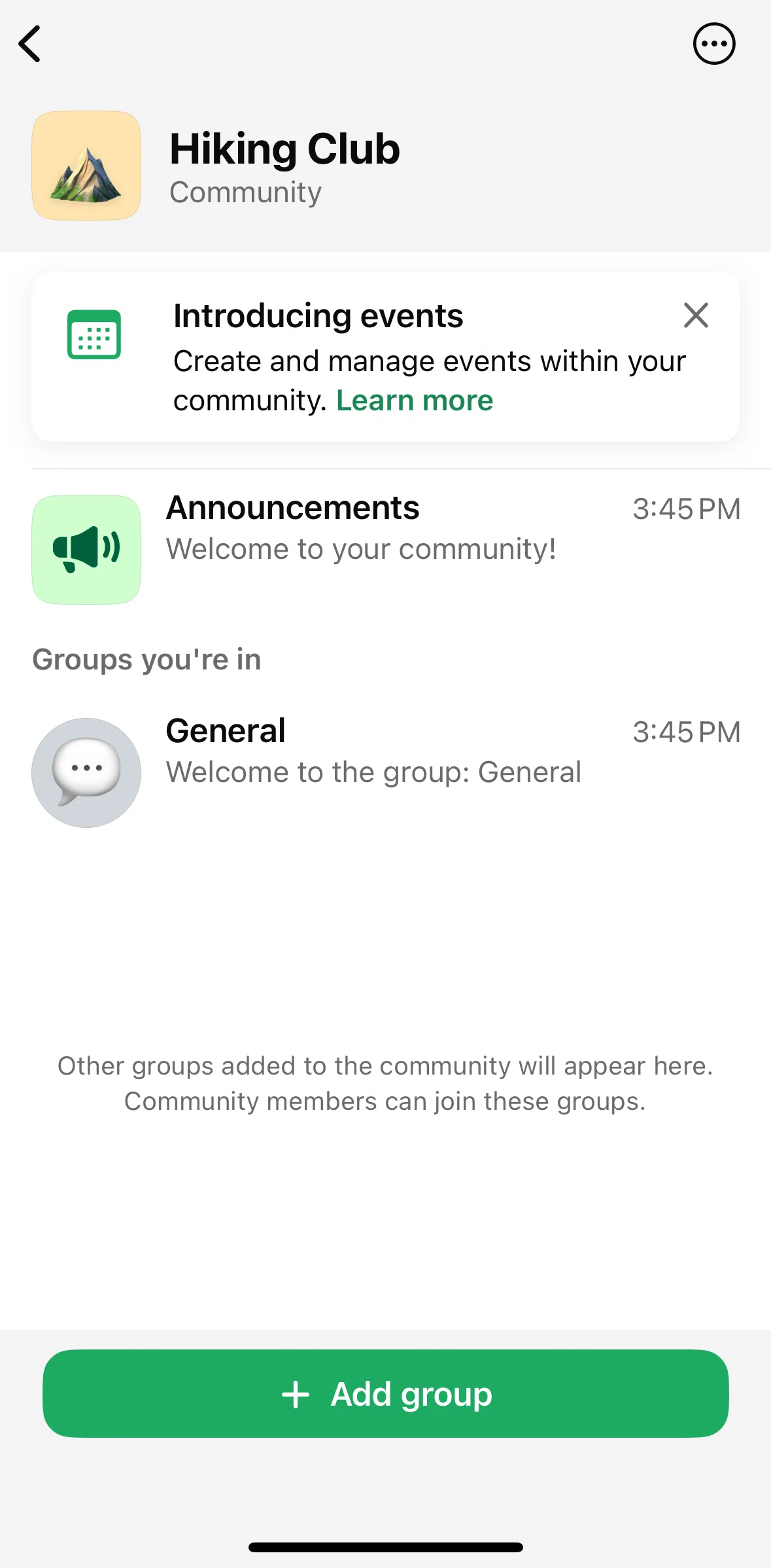 Whatsapp Screen screen in the Adding a group (community) flow