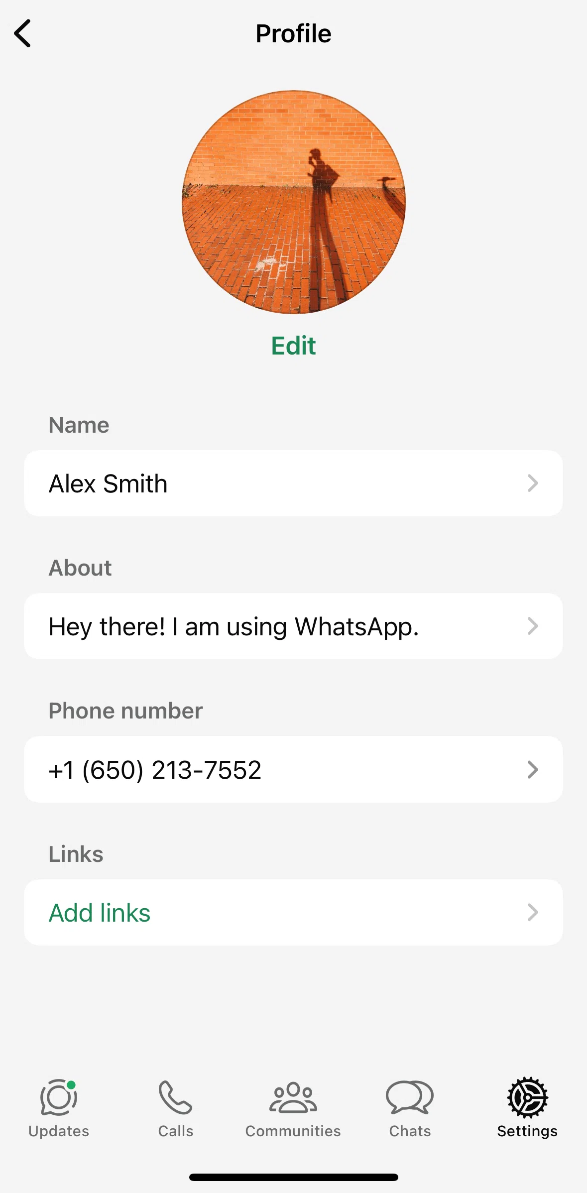 Whatsapp Screen screen in the Adding instagram link flow