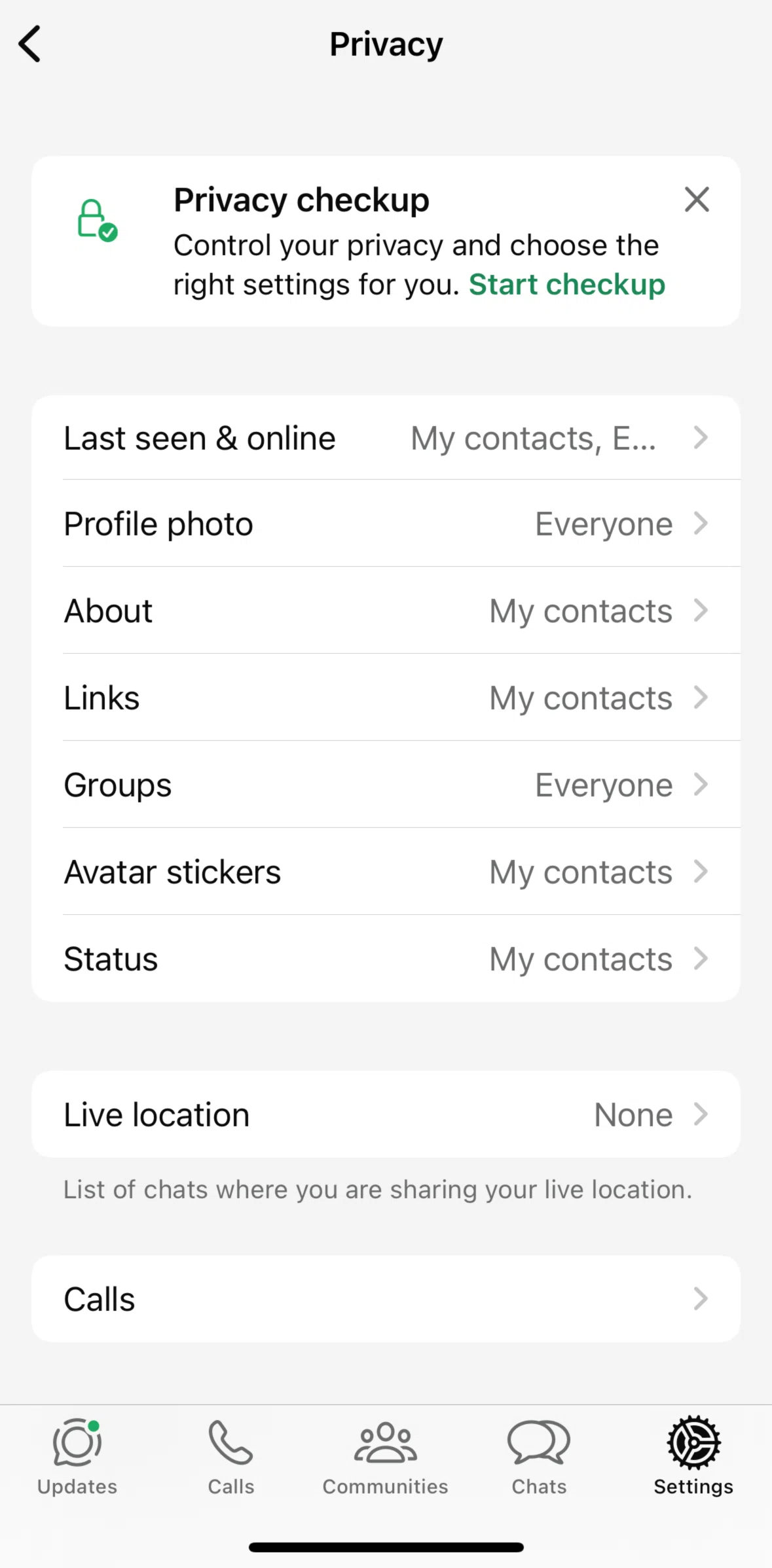 Whatsapp Screen screen in the Changing profile photo settings flow