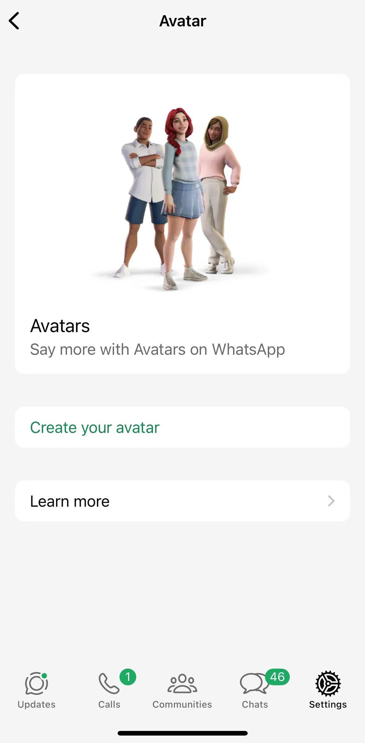 Whatsapp Screen screen in the Creating an avatar flow