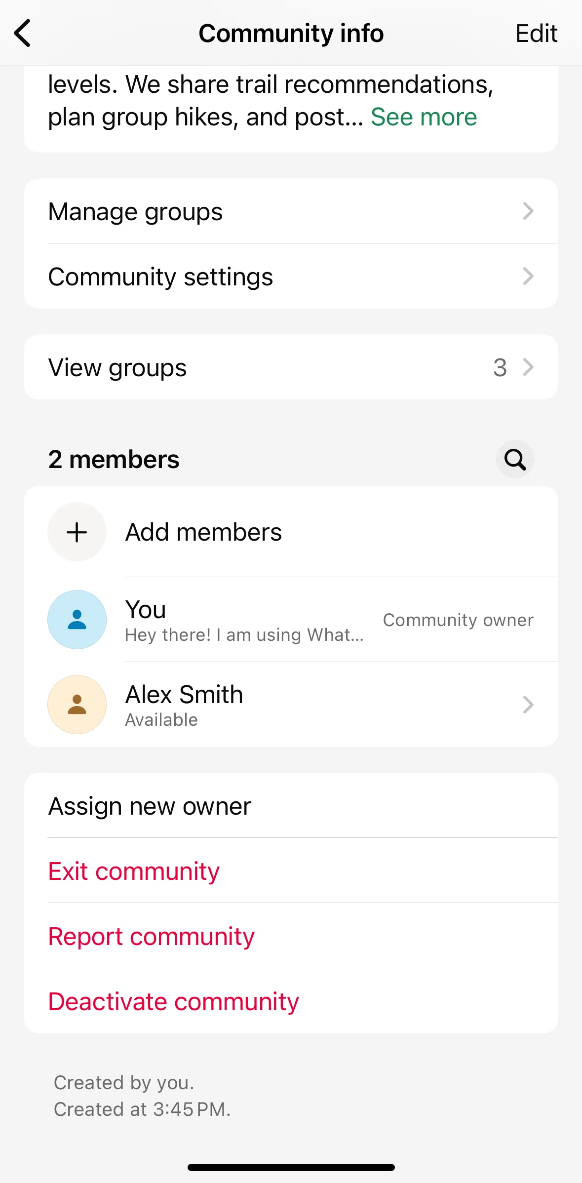 Whatsapp Screen screen in the Deactivating a community flow