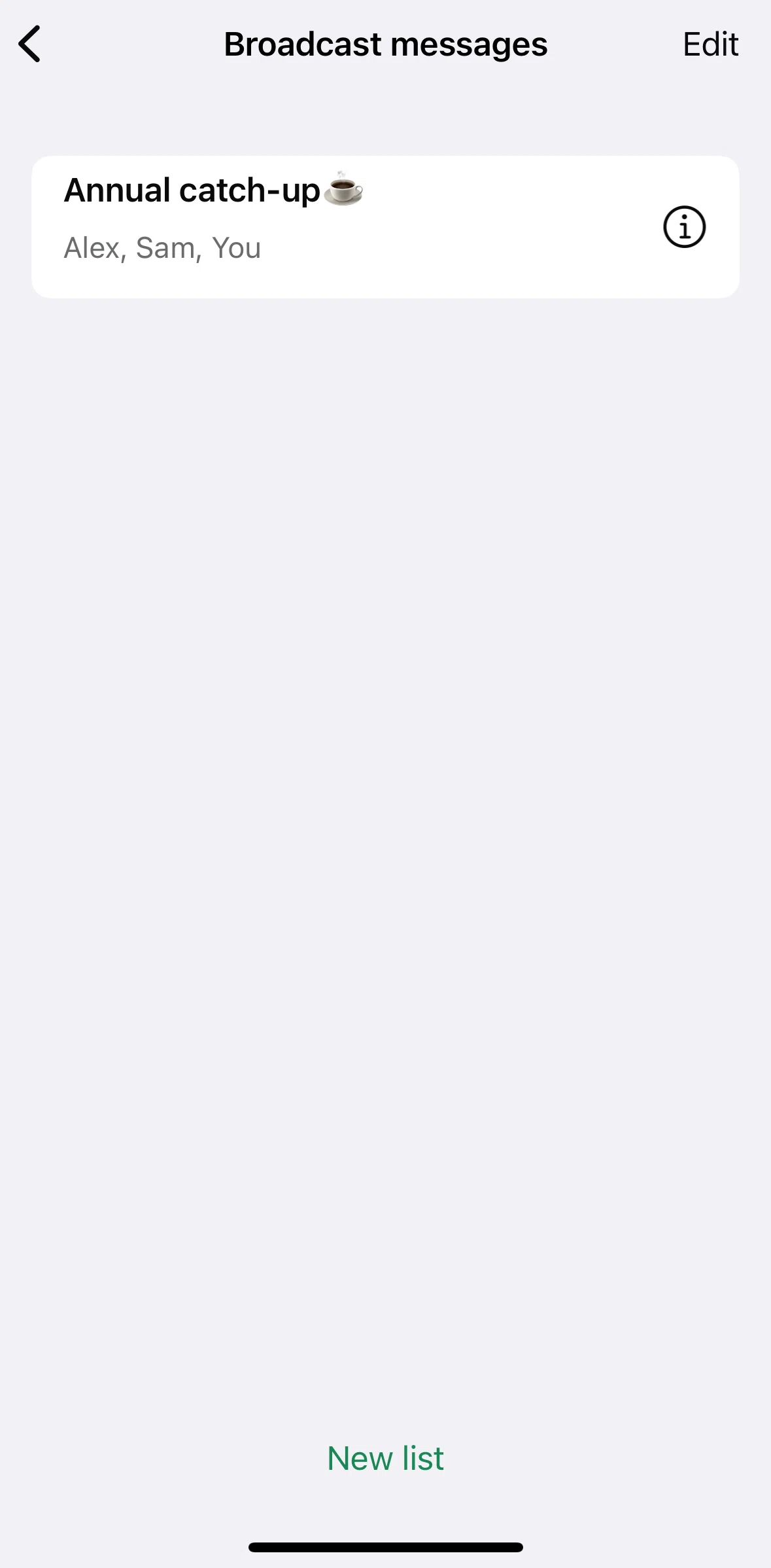 Whatsapp Screen screen in the Deleting a broadcast message flow
