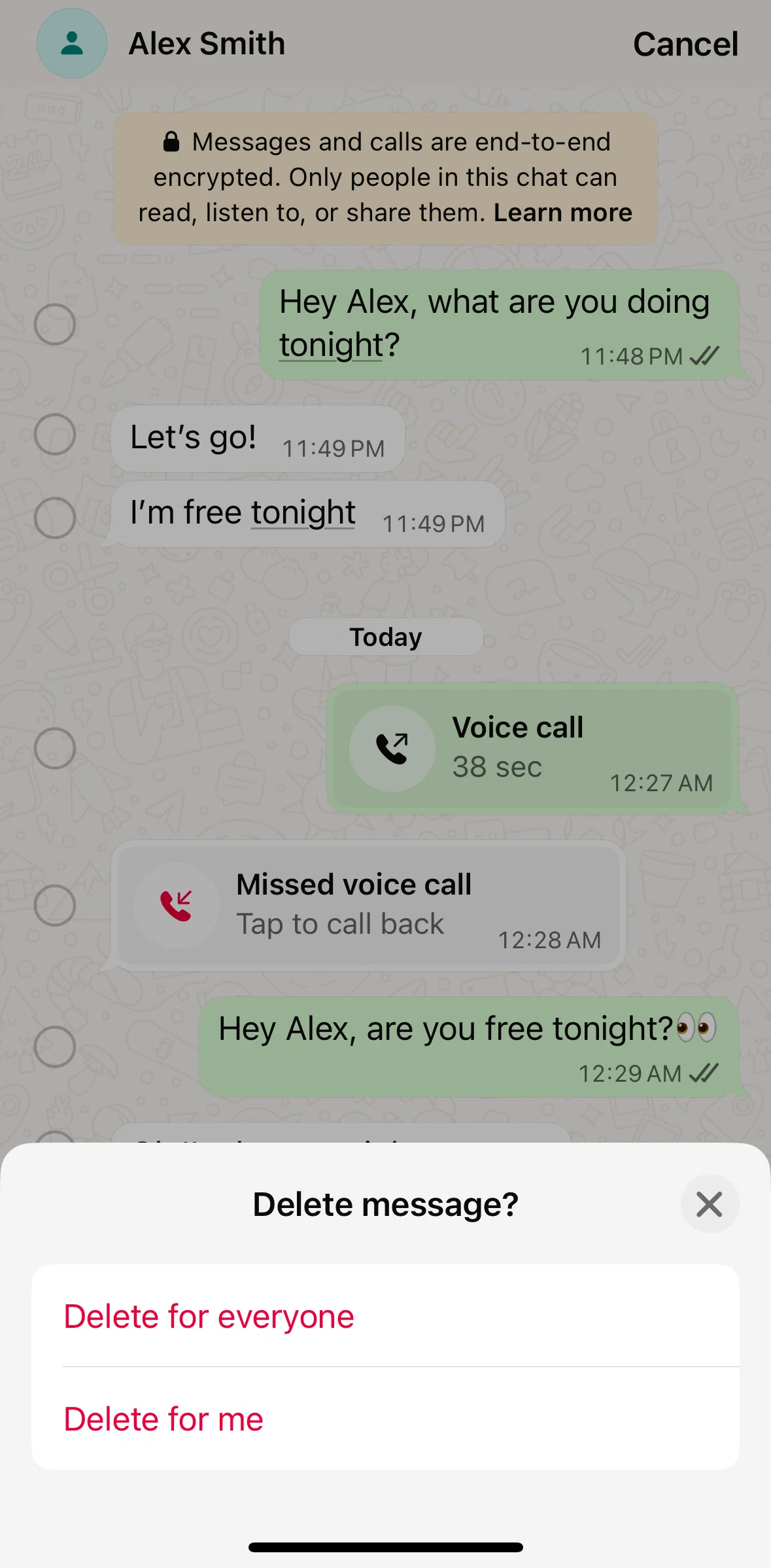 Whatsapp Screen screen in the Deleting a message for me flow