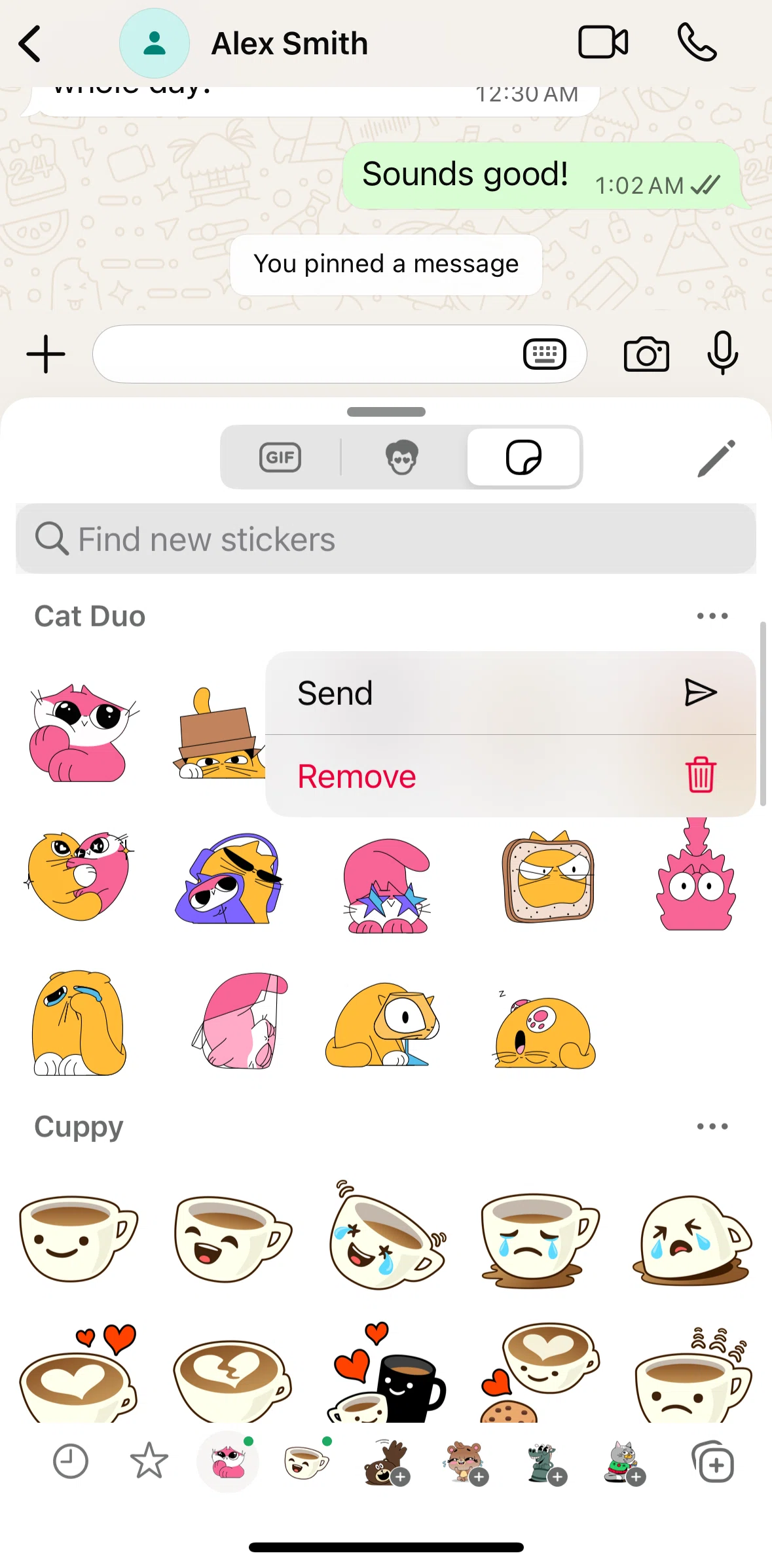 Whatsapp Screen screen in the Deleting a sticker pack flow