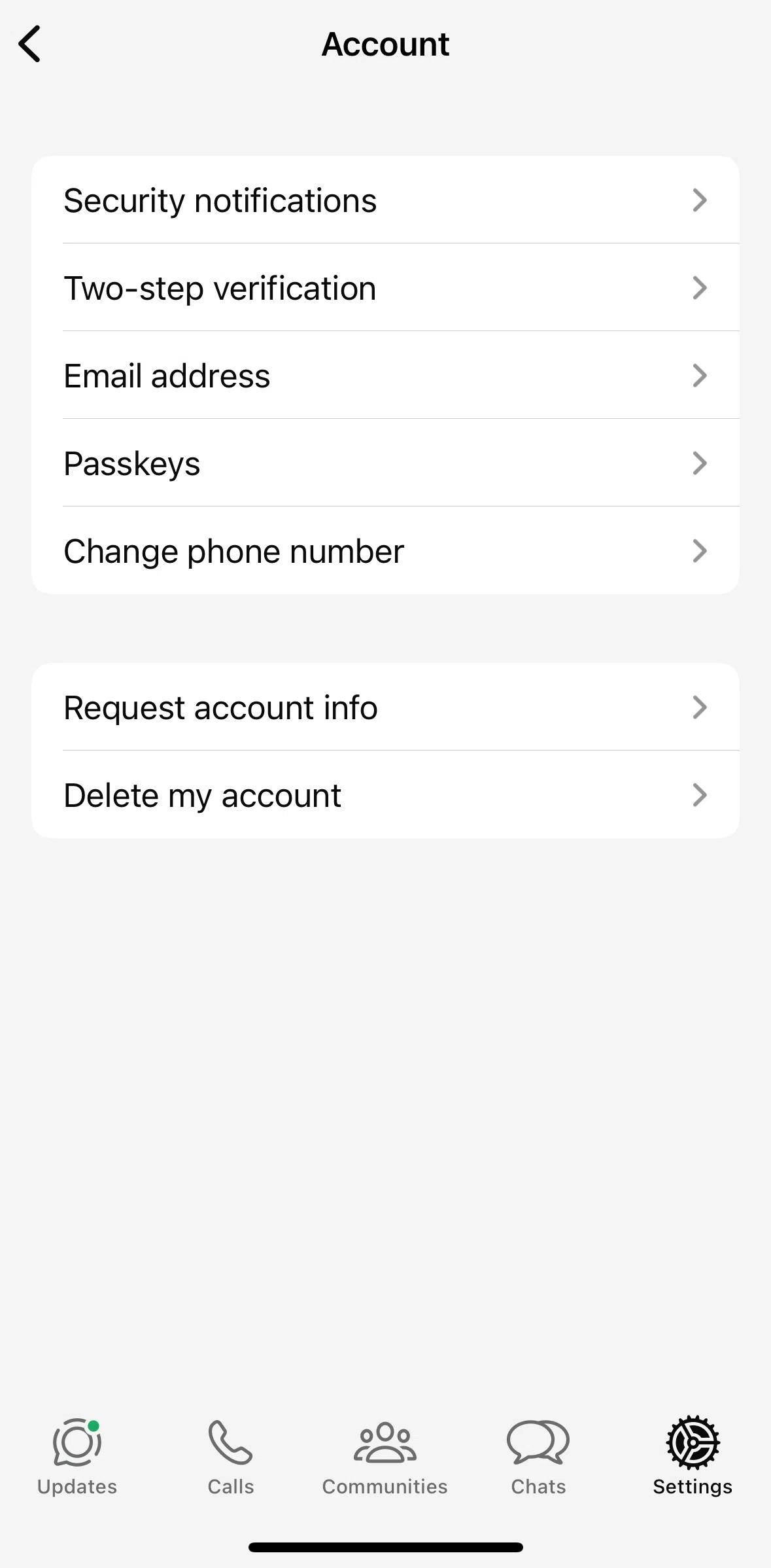 Whatsapp Screen screen in the Deleting my account flow