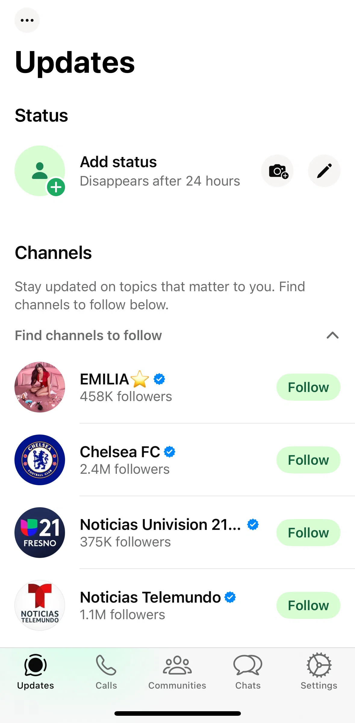 Whatsapp Screen screen in the Following a channel flow