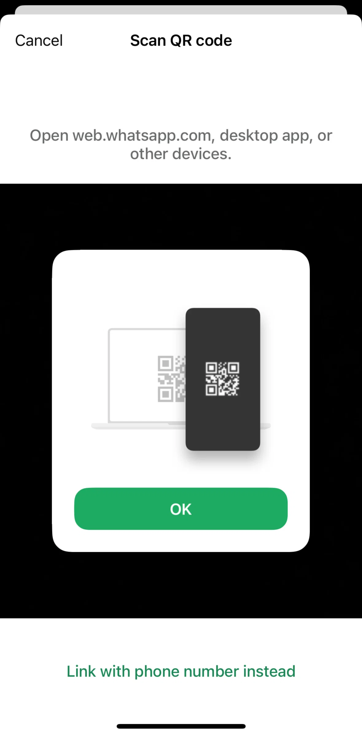 Whatsapp Screen screen in the Link with phone number flow