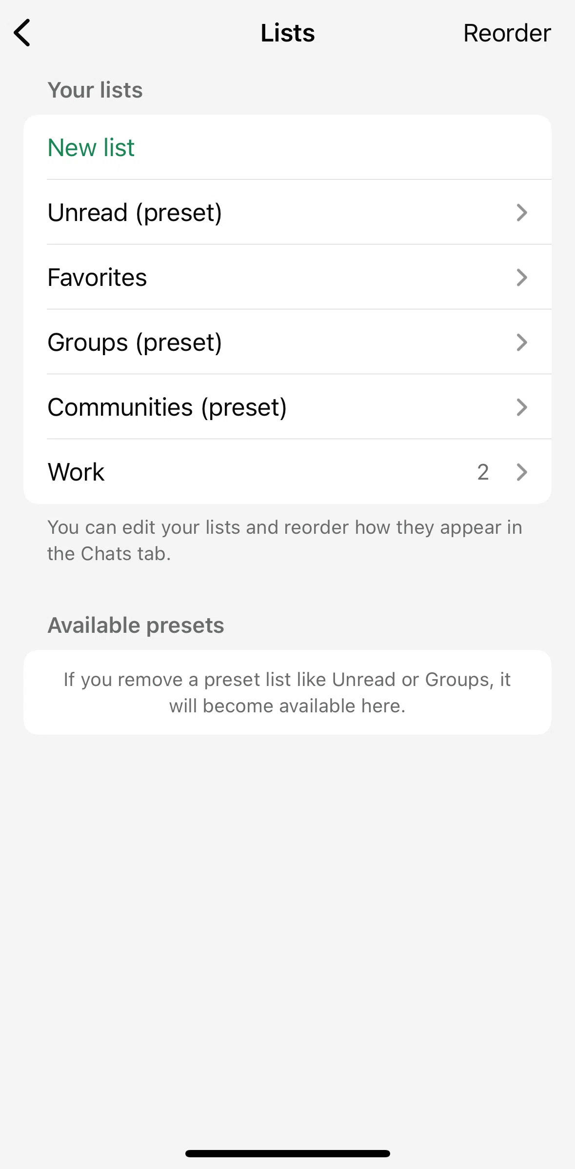 Whatsapp Screen screen in the Reordering lists flow