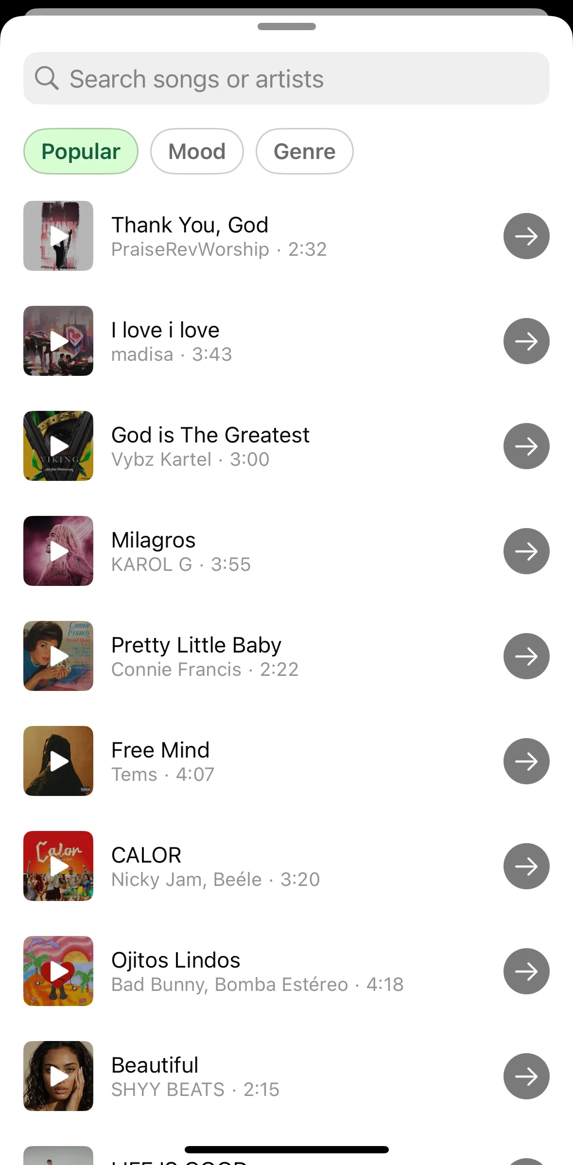 Whatsapp Screen screen in the Searching songs flow