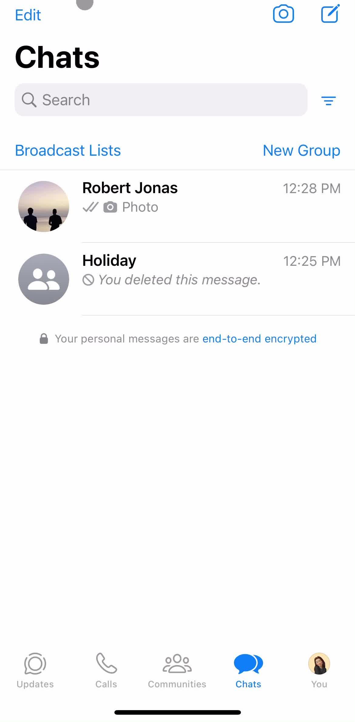 Whatsapp Chats screen in the Searching flow