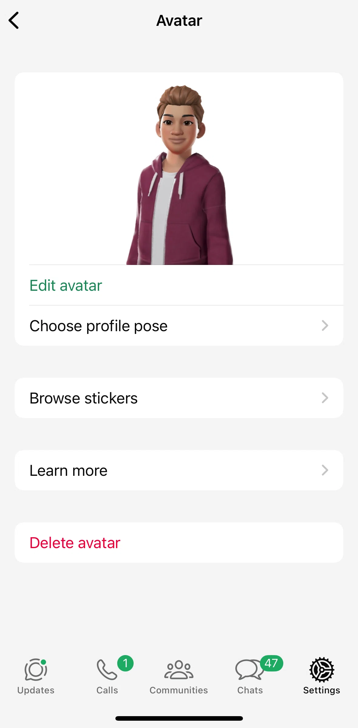 Whatsapp Screen screen in the Selecting avatar pose flow