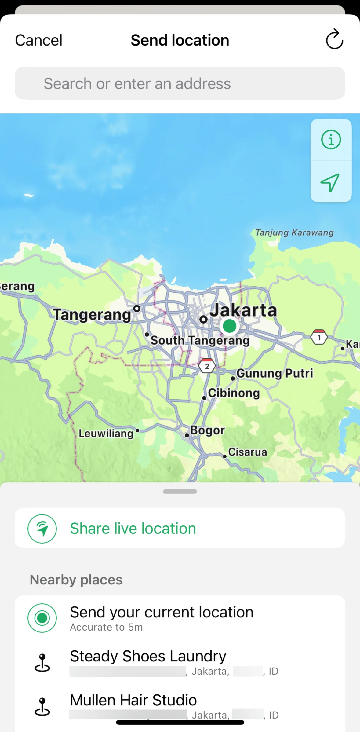 Whatsapp Screen screen in the Sending a live location flow