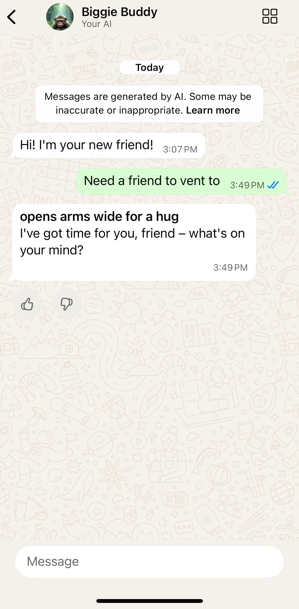 Whatsapp Screen screen in the Sending feedback (AI) flow