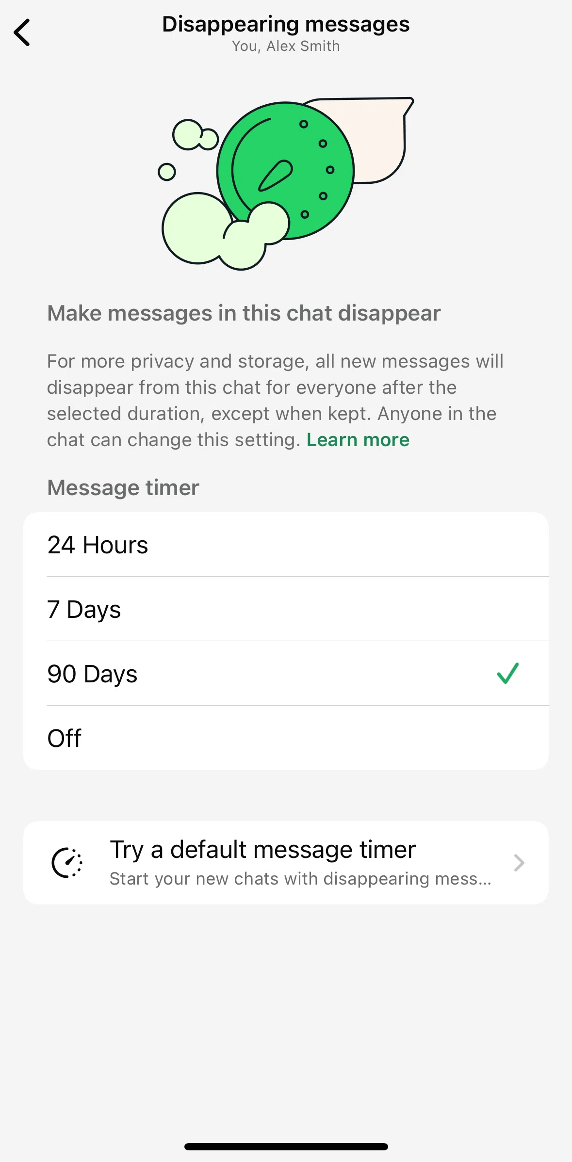 Whatsapp Screen screen in the Setting default message timer flow