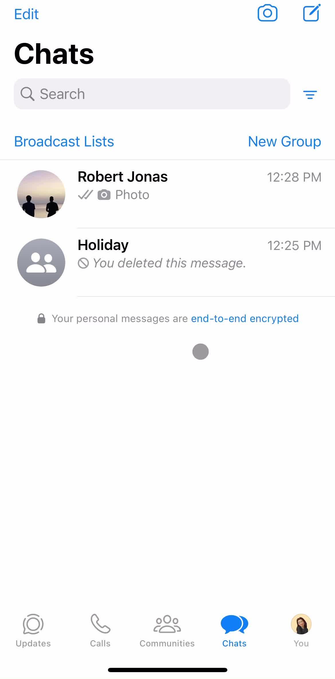 Whatsapp Chats screen in the Updating Your Profile flow