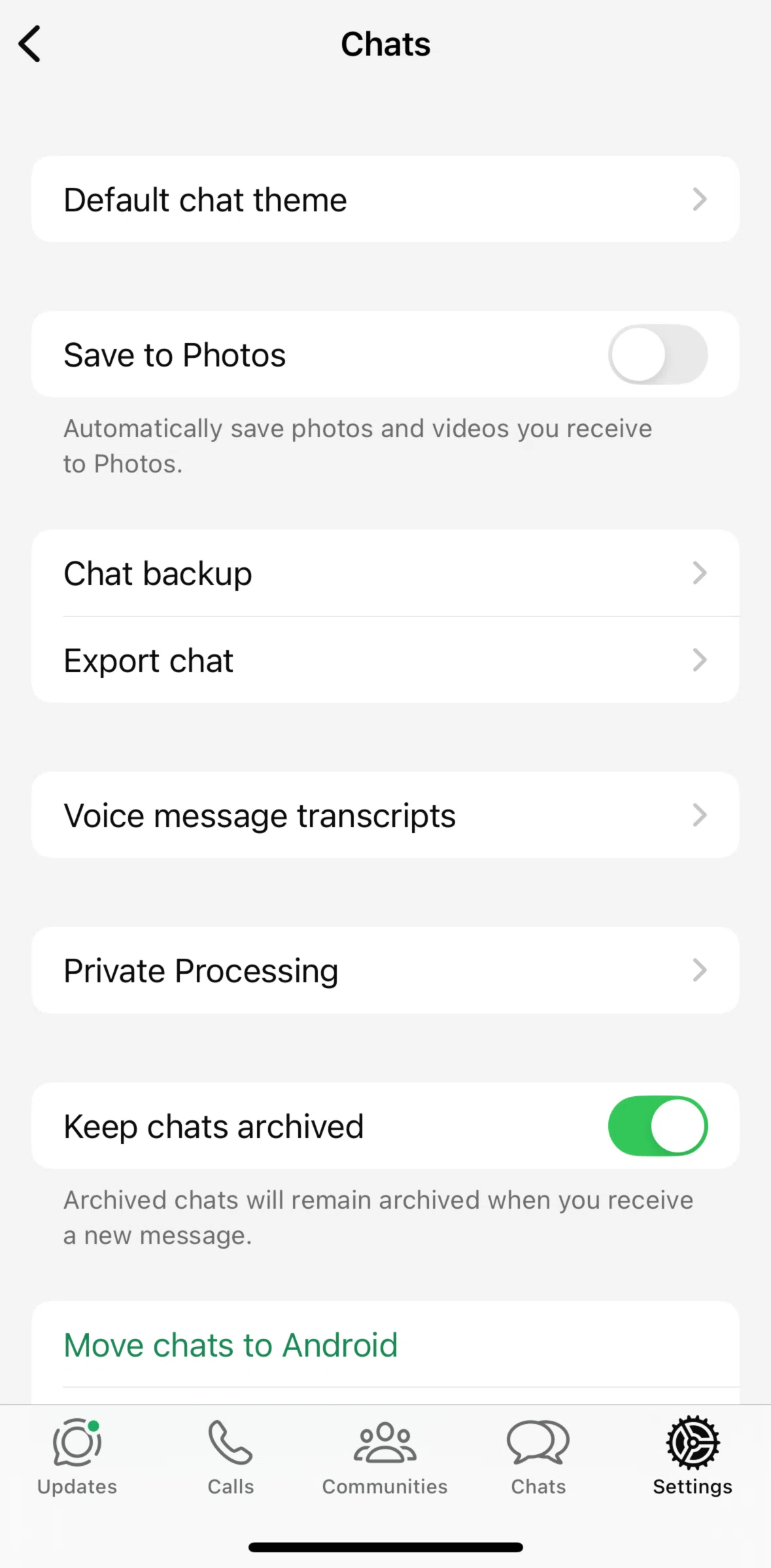 Whatsapp Screen screen in the Voice message transcripts flow