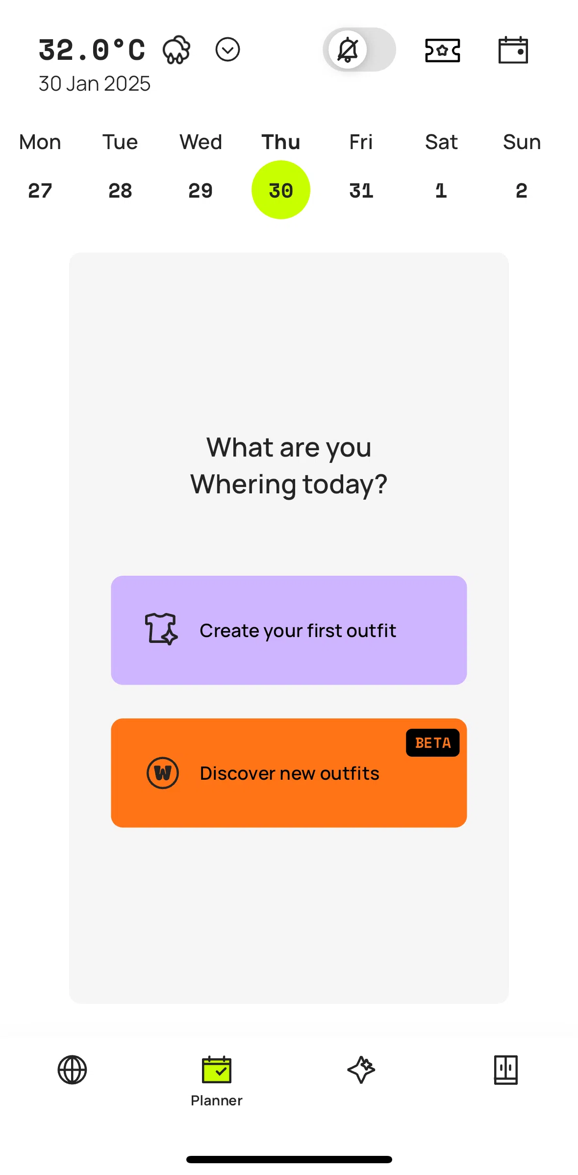 Whering Screen screen in the Creating an outfit flow